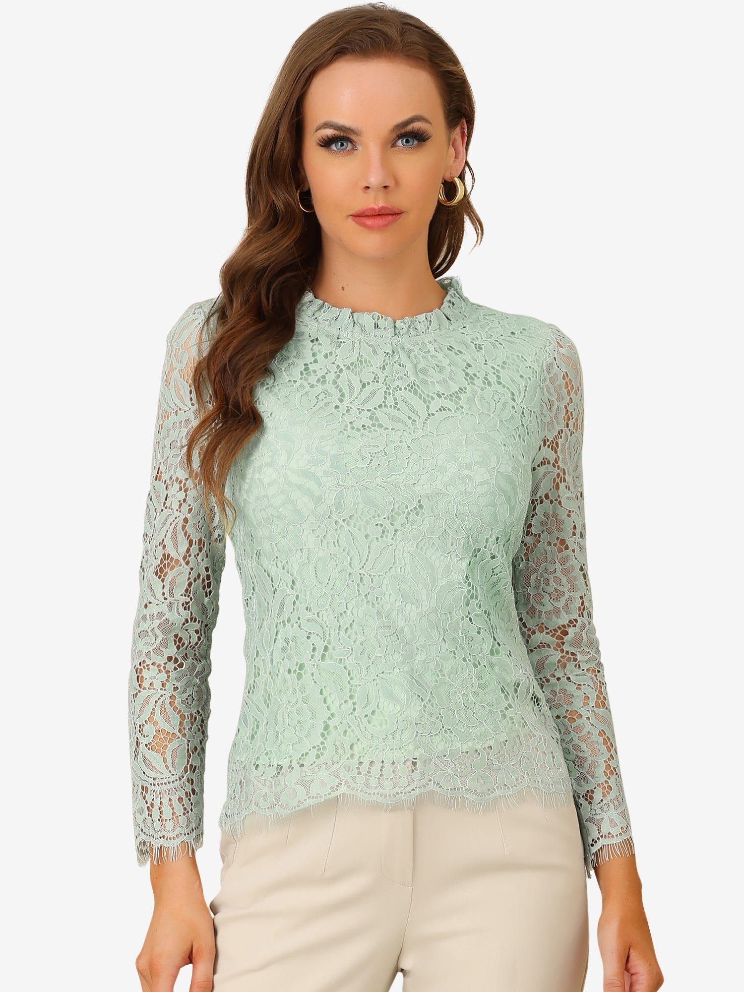 Lace Long Sleeve Ruffle Stand Neck Floral Blouse