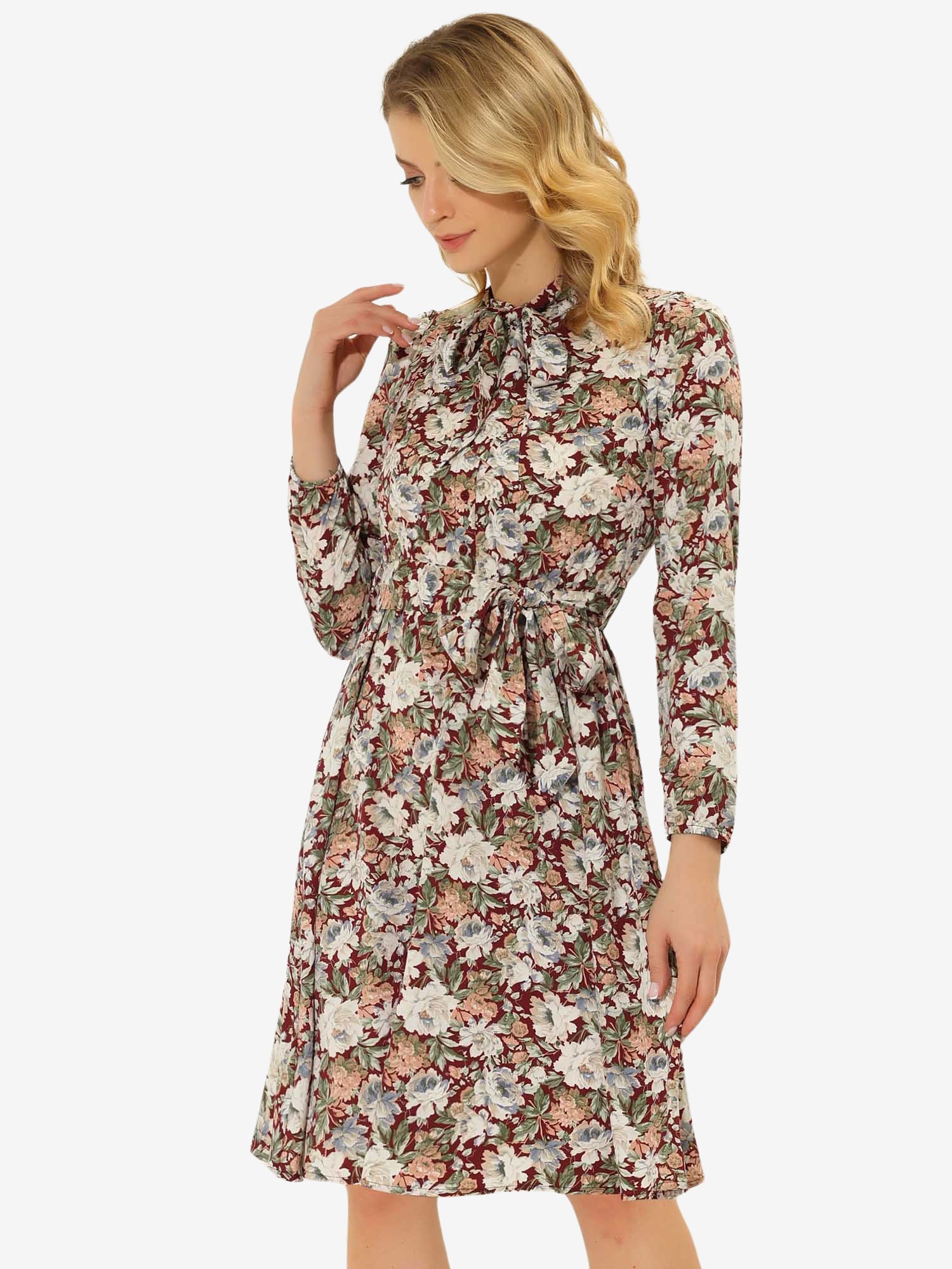 Tie Neck Chiffon Long Sleeve Belted Vintage Floral Dress