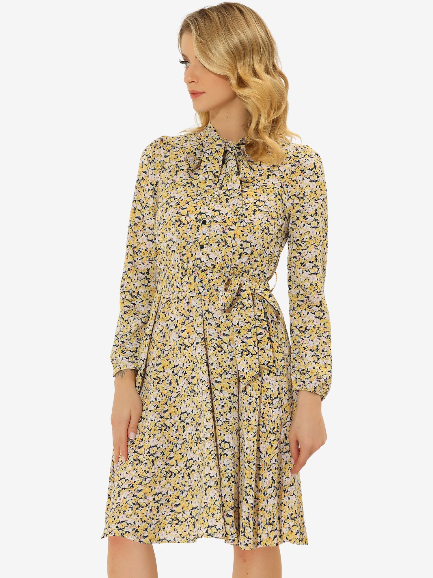Tie Neck Chiffon Long Sleeve Belted Vintage Floral Dress