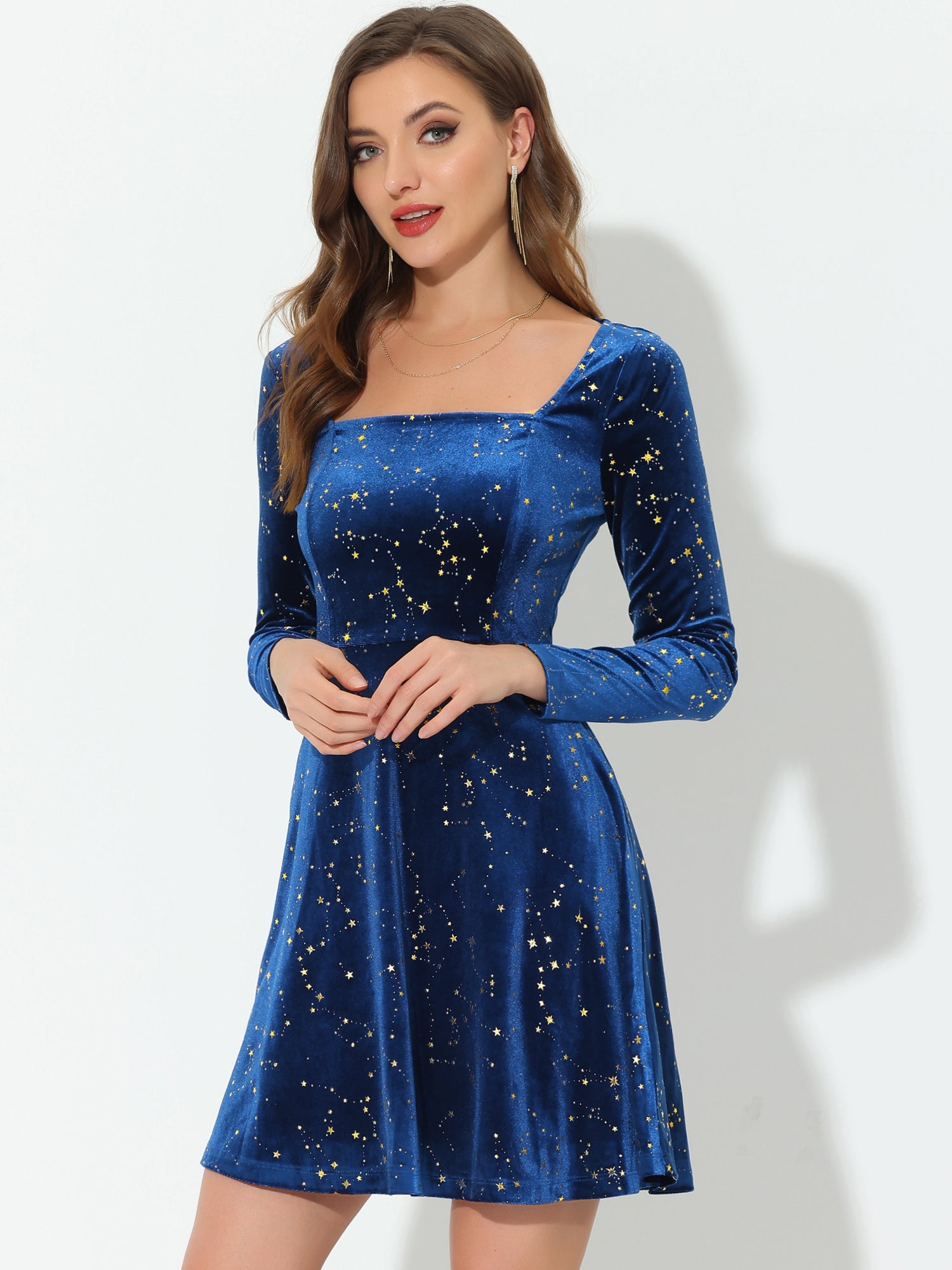 Christmas Stars Square Neck Vintage Velvet Mini Dress