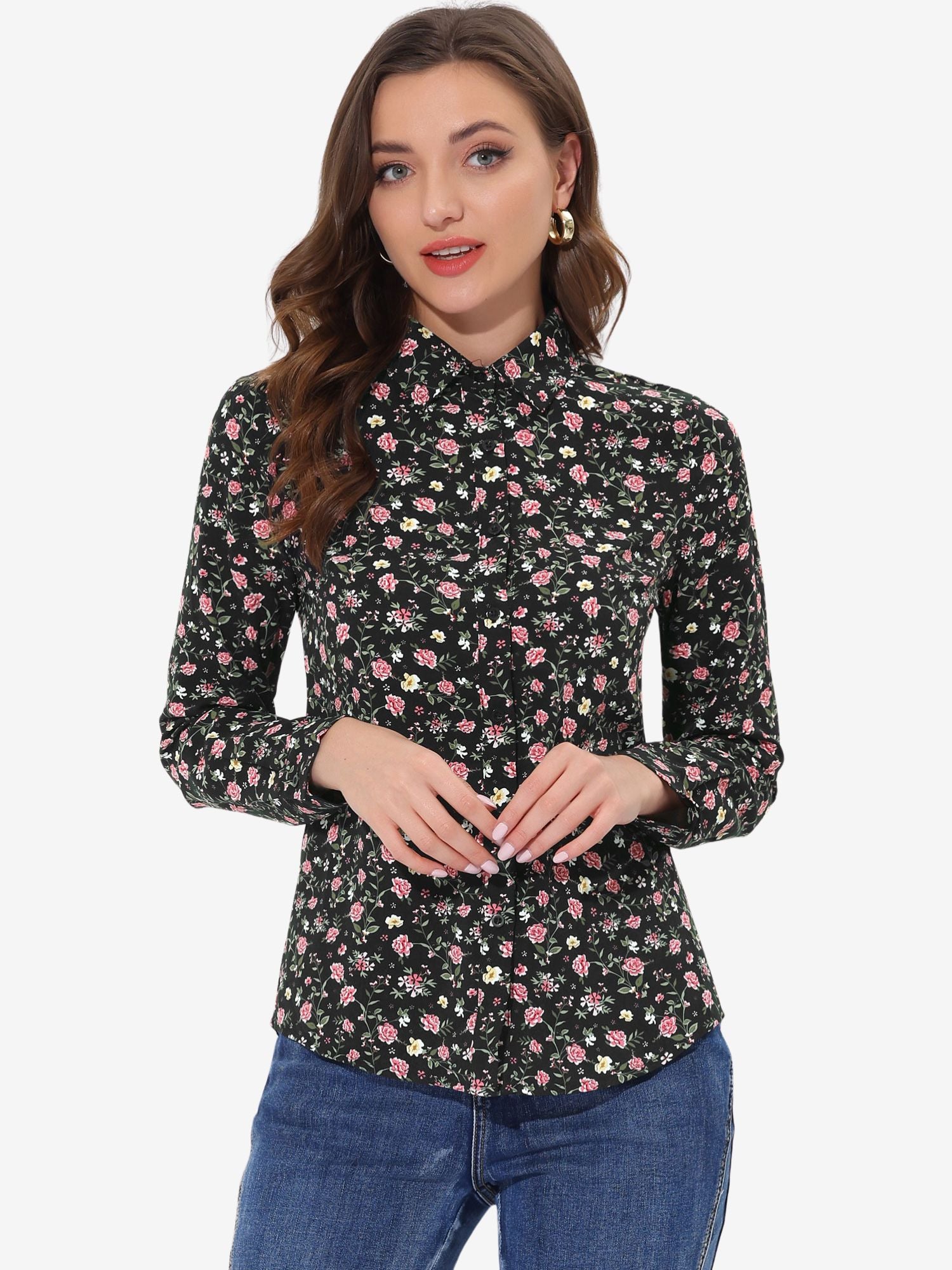 Button Down Floral Long Sleeve Point Collar Blouse
