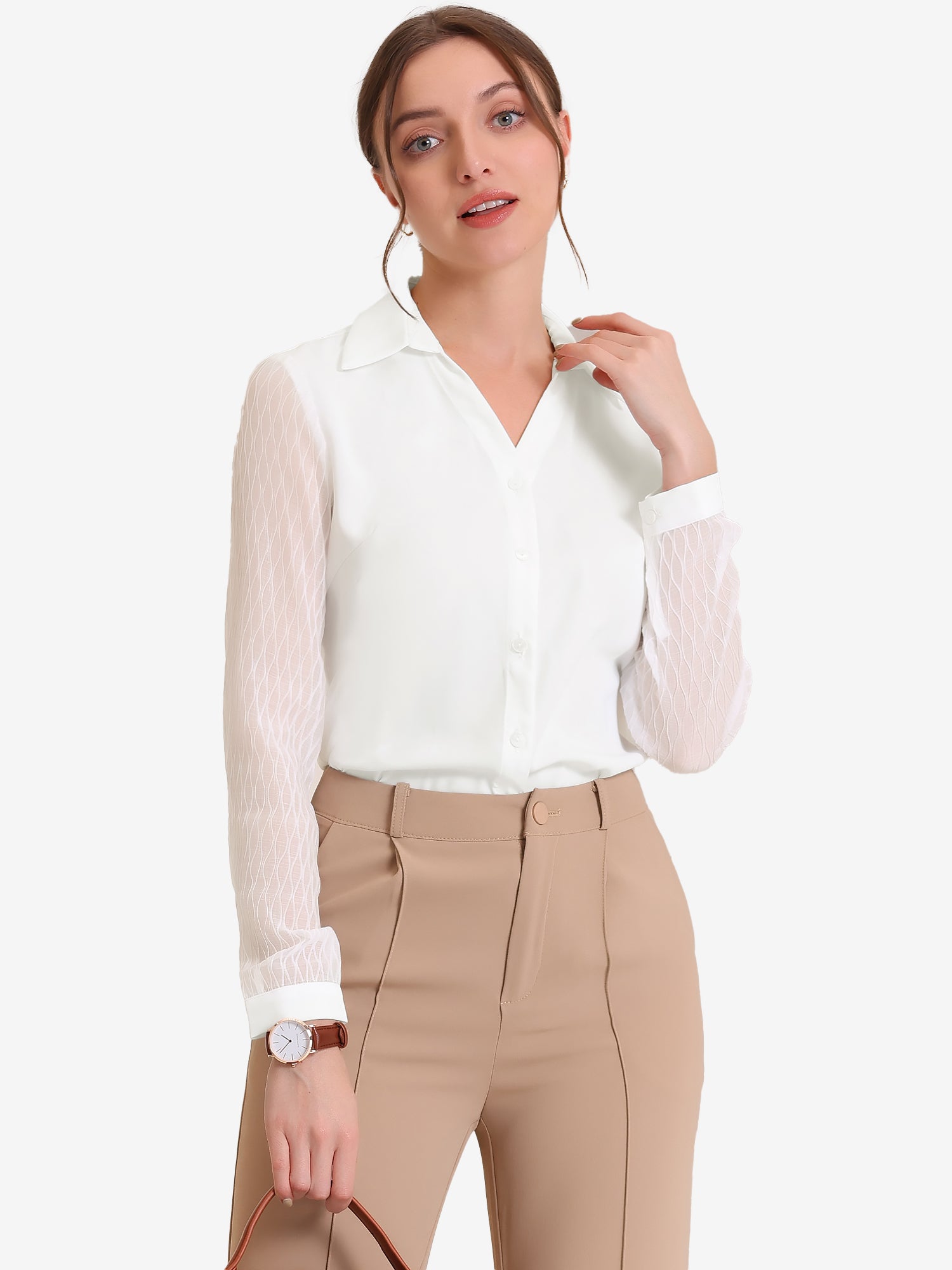 V Neck Point Collar Mesh Sleeve Button Down Work Office Shirt