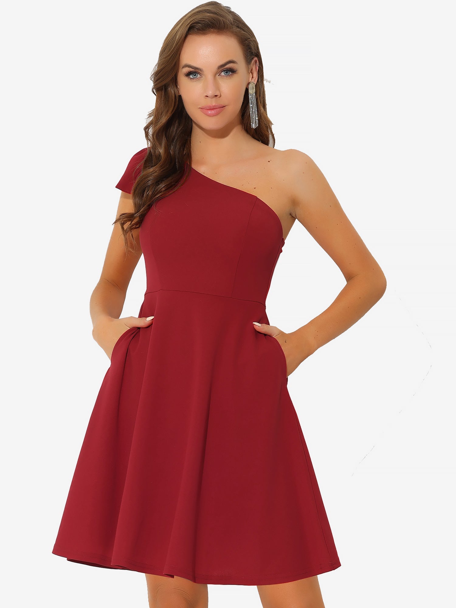 Bow One Shoulder Sleeveless Pockets A-Line Midi Dress