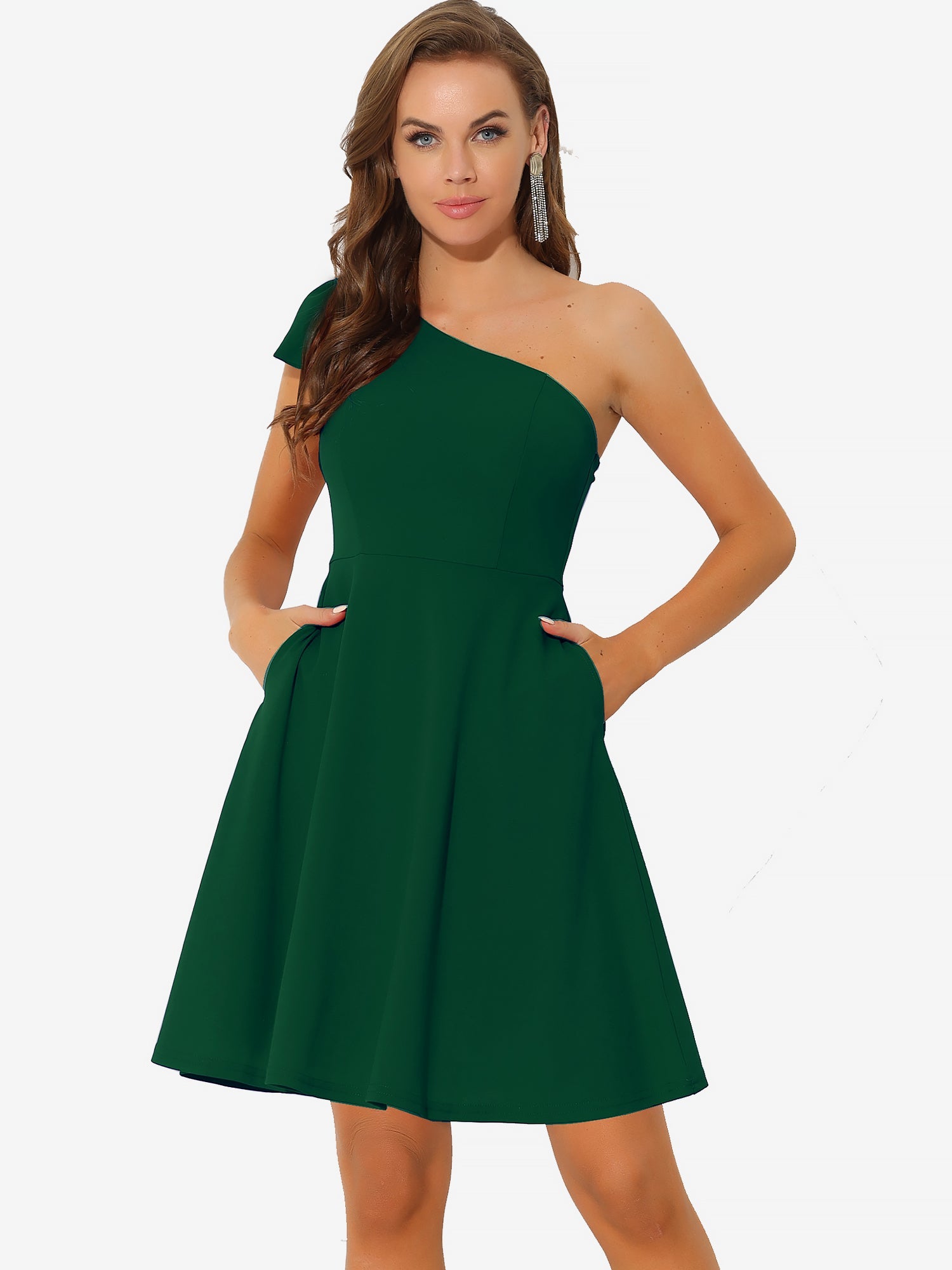 Bow One Shoulder Sleeveless Pockets A-Line Midi Dress