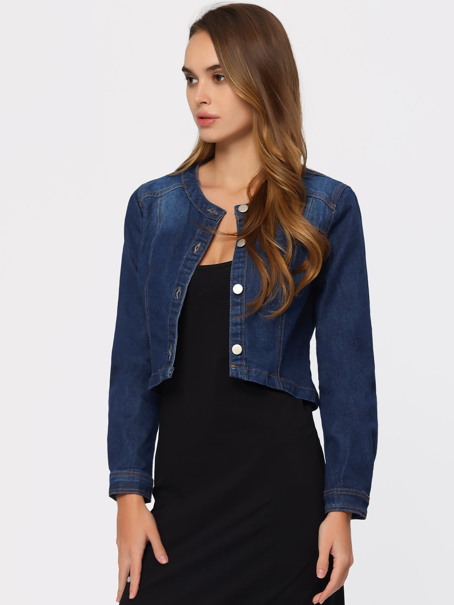 Denim Collarless Long Sleeve Button Down Crop Jean Jacket