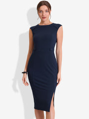 Round Neck Slim Fit Sleeveless Split Work Pencil Sheath Dress