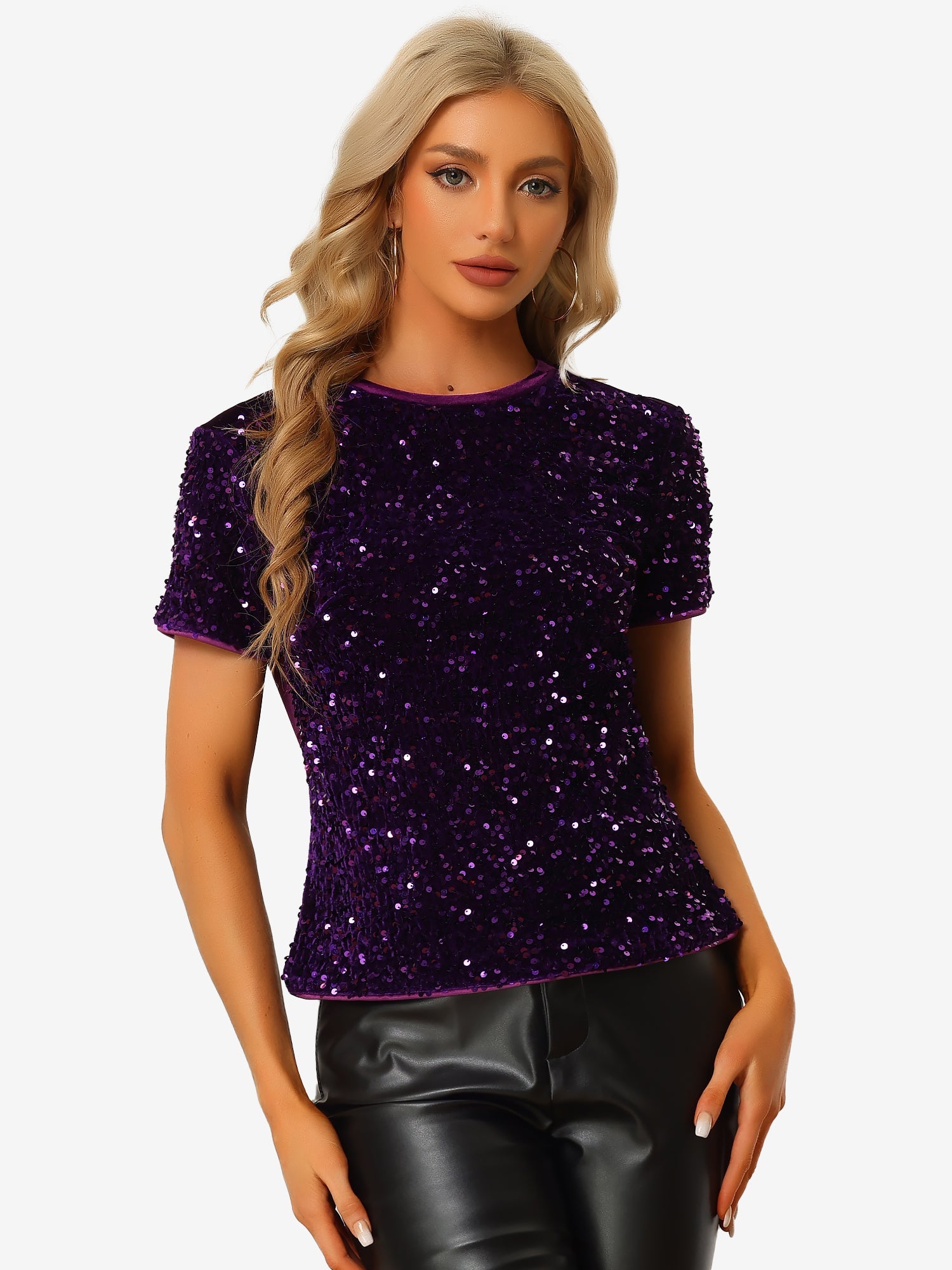 Glitter Sequin Velvet Crew Neck Short Sleeve Party Clubwear Blouse