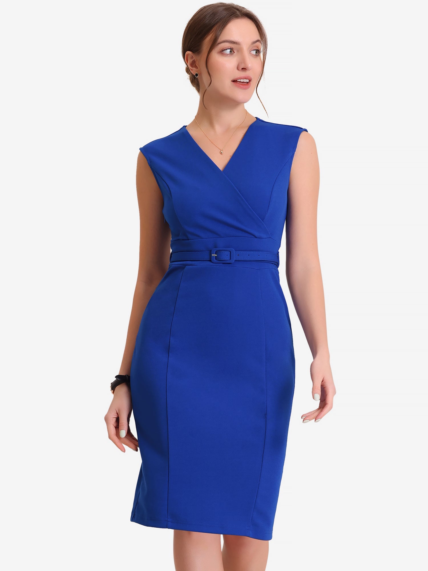 Solid Color V Neck Sleeveless Belted Business Office Midi Sheath Dress
