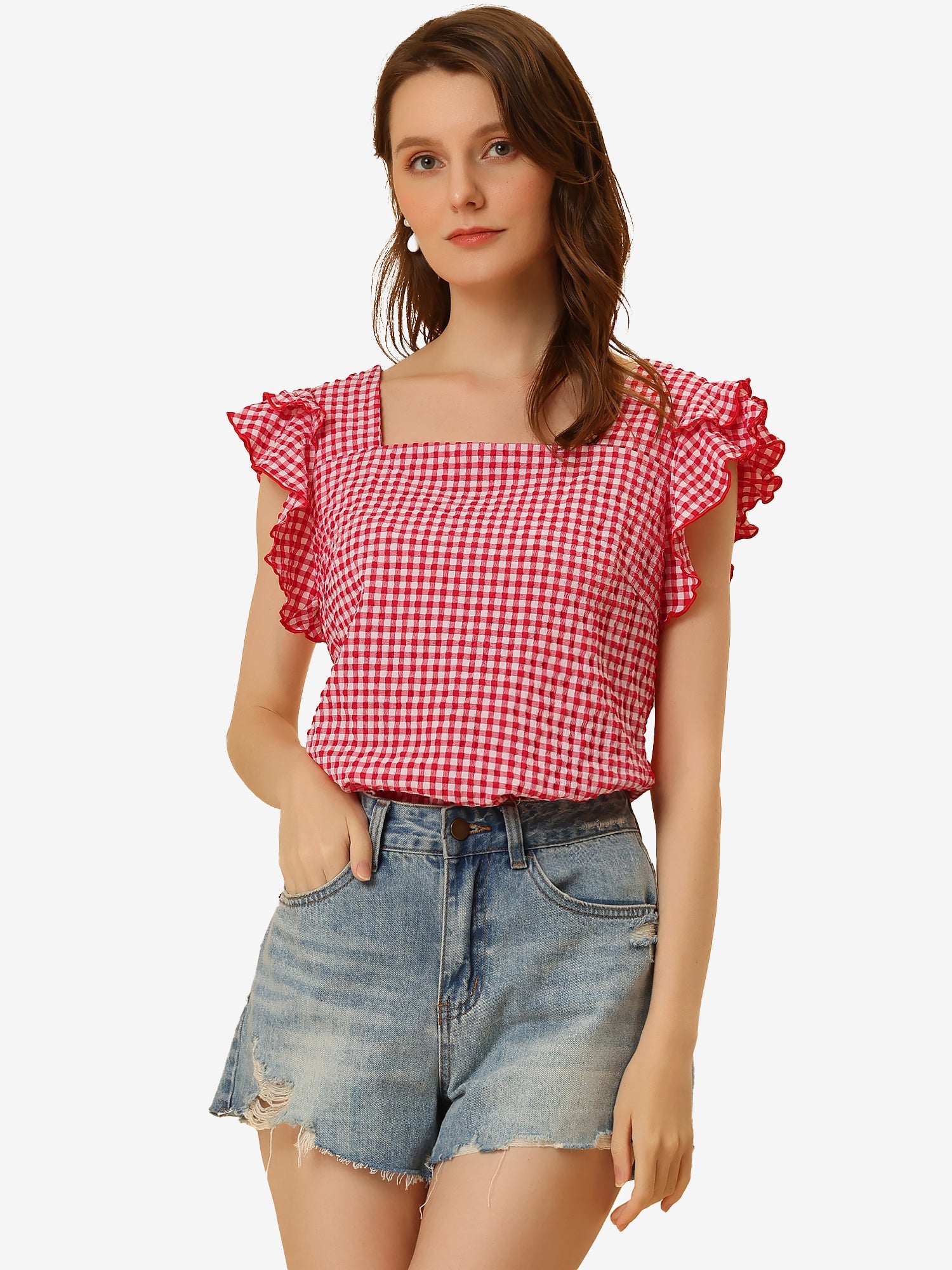Summer Gingham Tops Square Neck Ruffle Cap Sleeve Blouse