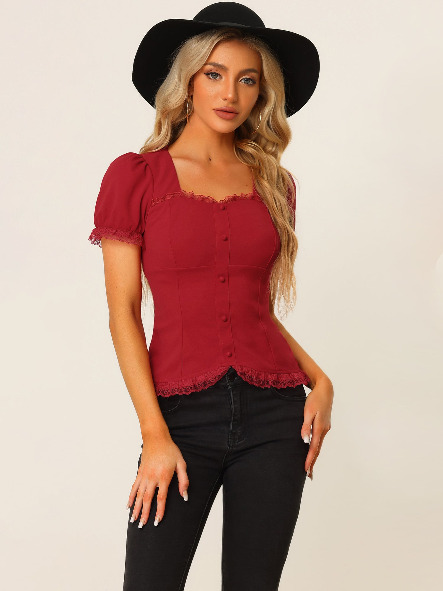 Sweetheart Neck Puff Short Sleeve Lace Up Gothic Blouse