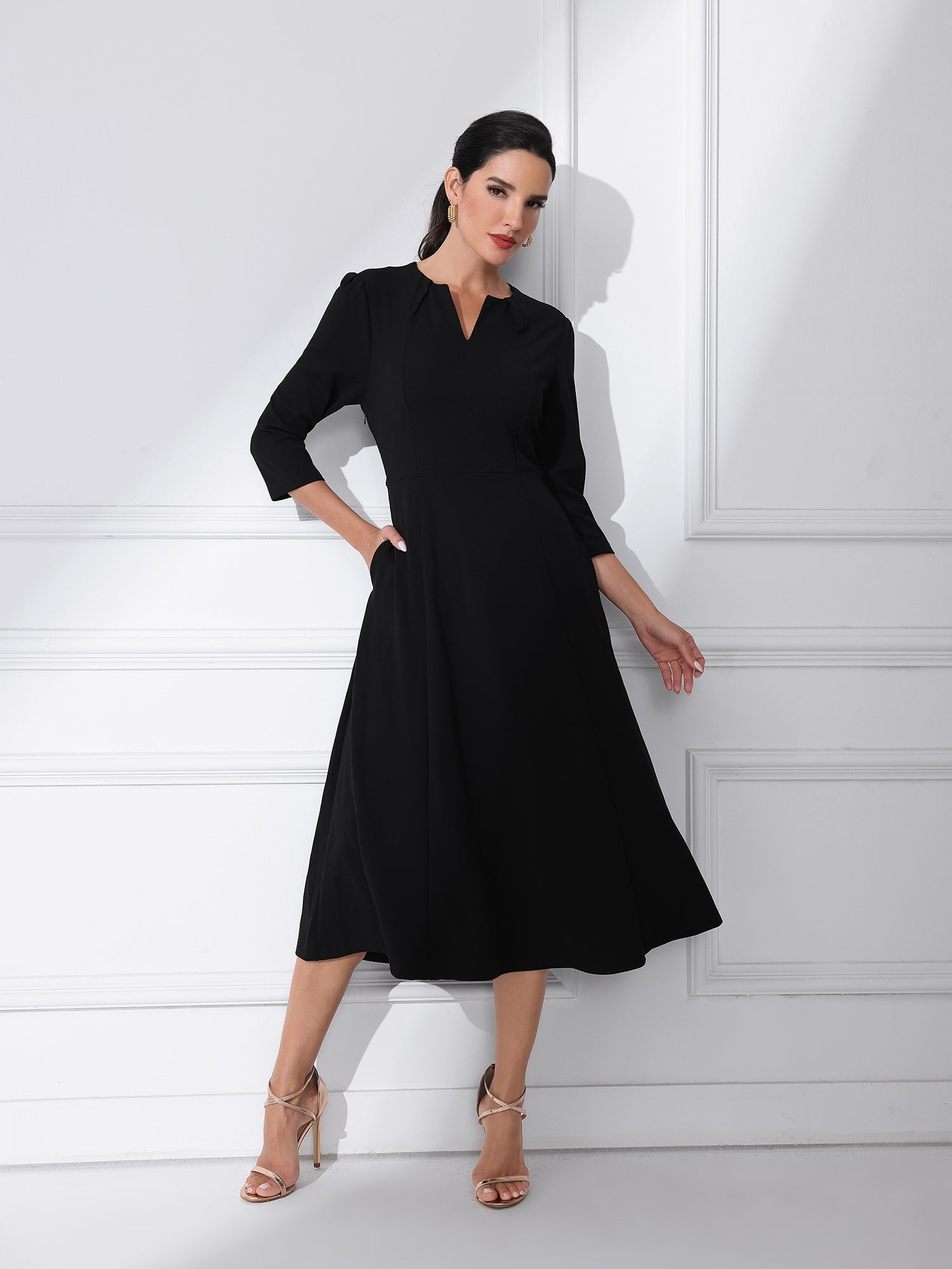 Notch Neck Pocketed 3/4 Sleeve Solid A-Line Work Dress