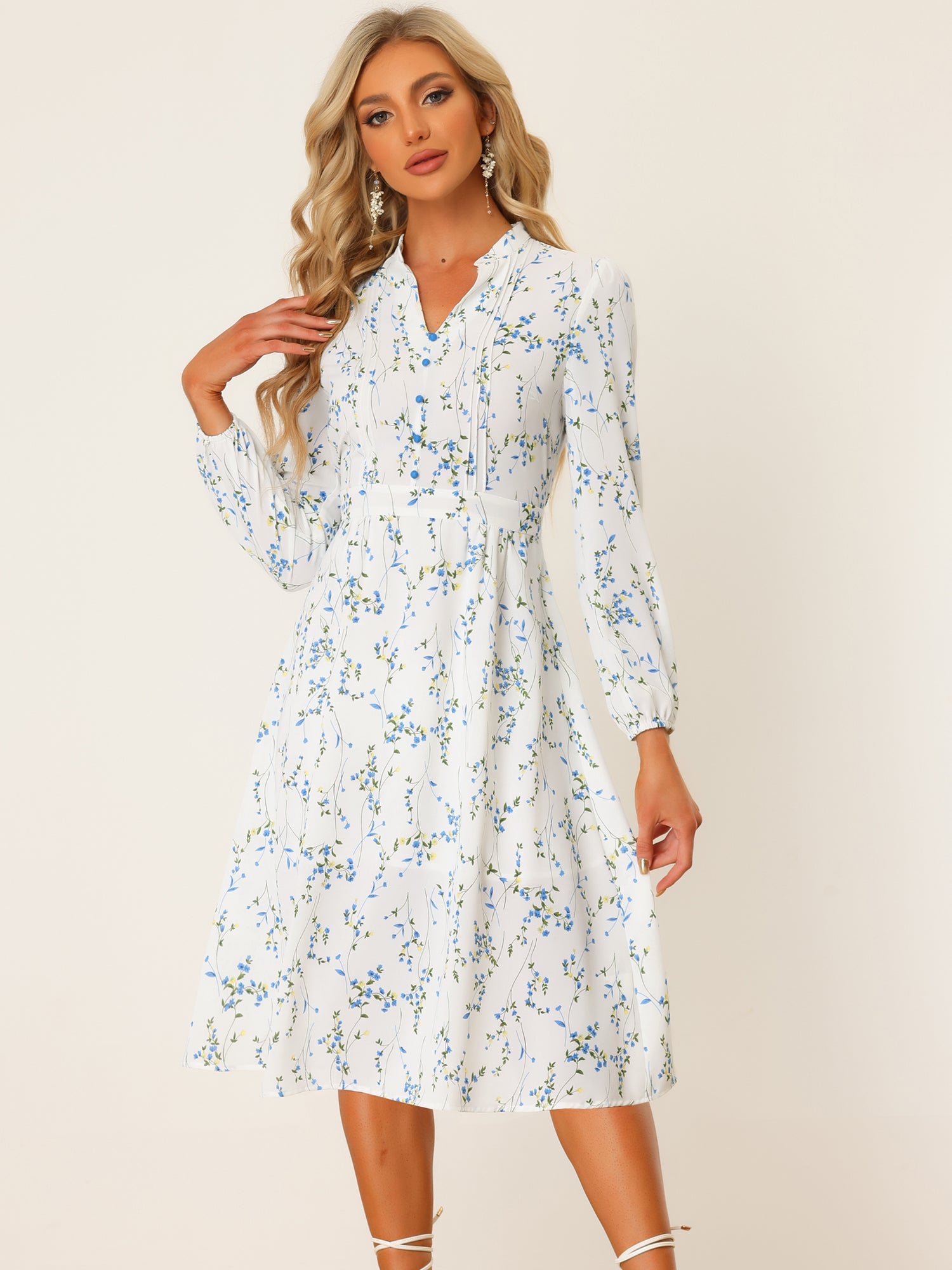 Floral Print Long Sleeve Spring Flowy Midi Boho Dress