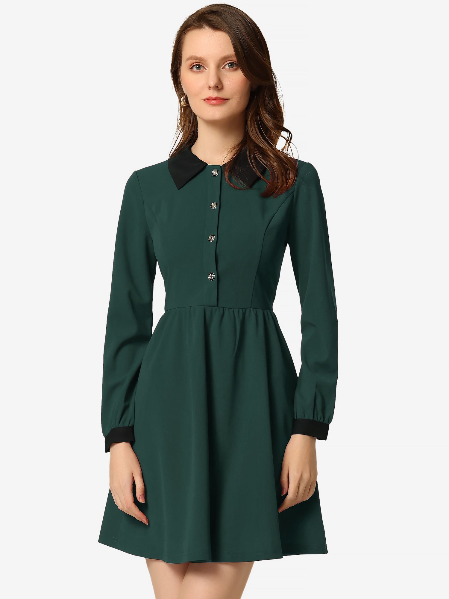 Contrast Color Puff Long Sleeve Collared Flare Short Dress