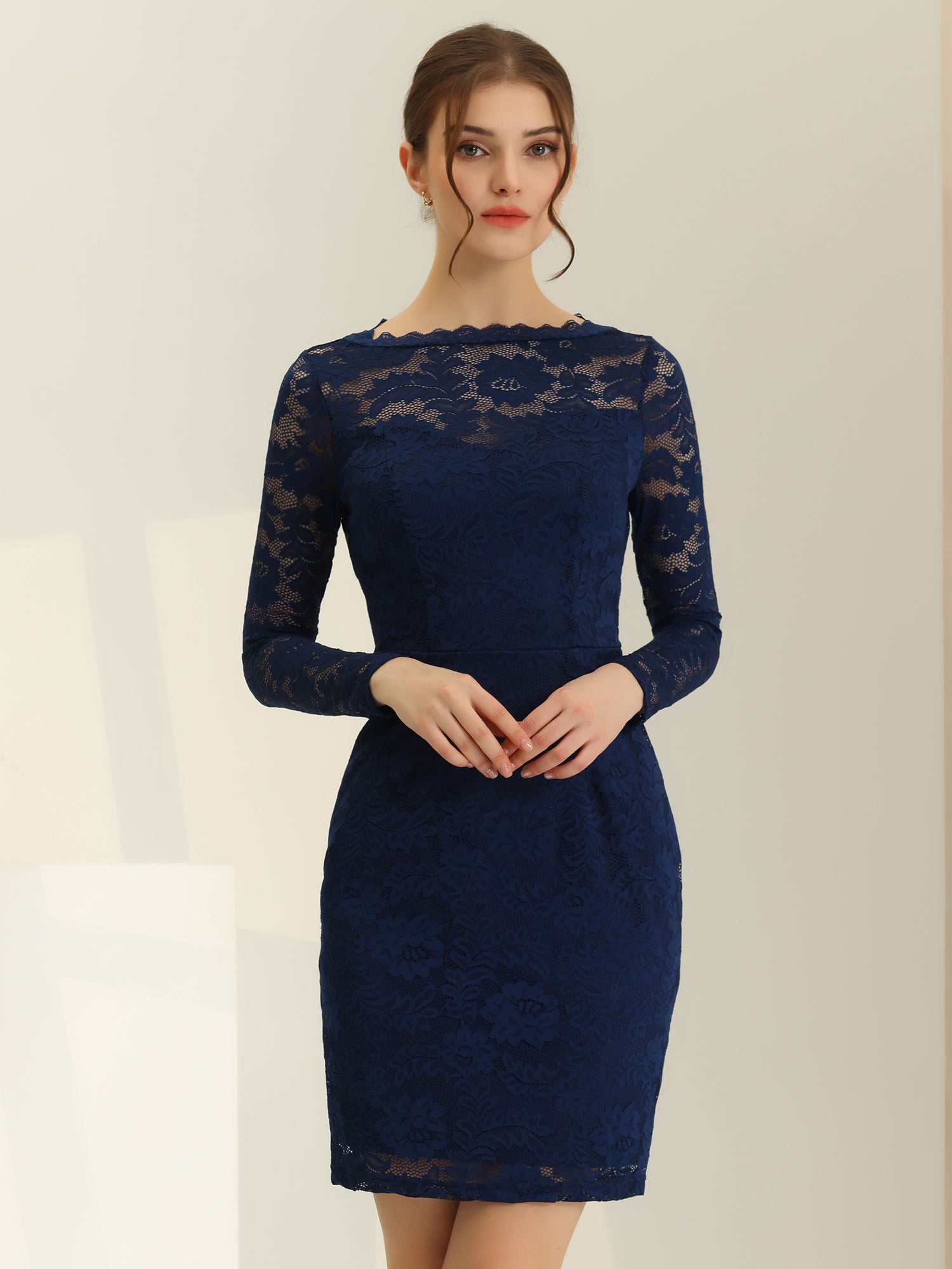 Lace Boat Neck Long Sleeve Cocktail Bodycon Pencil Dress