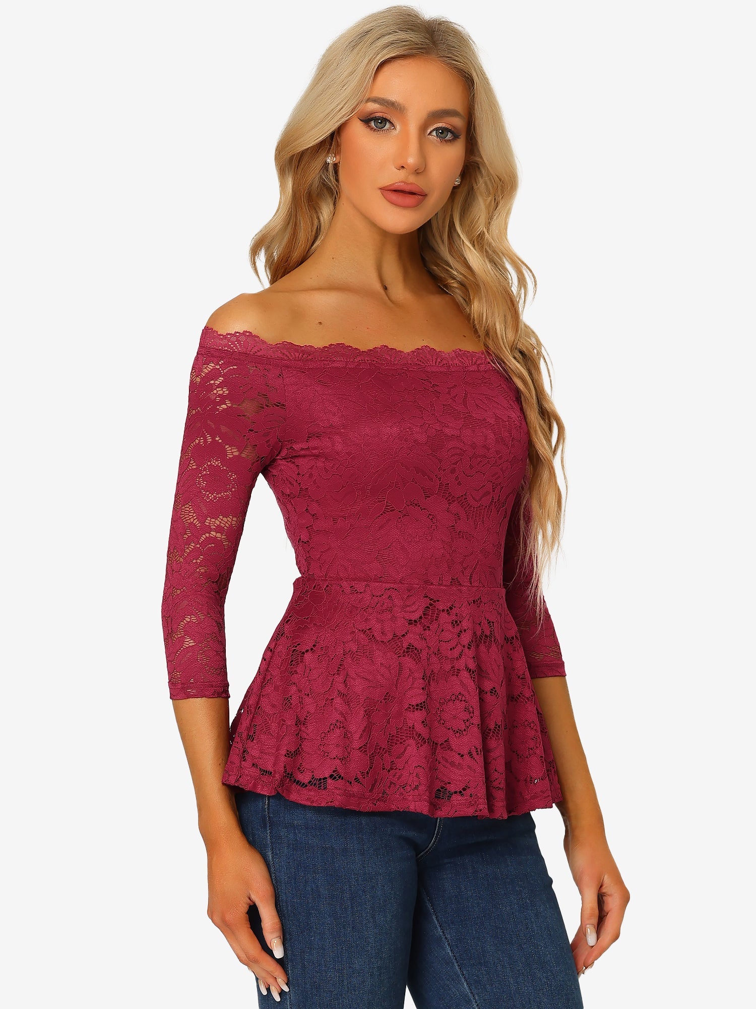Elegant Lace Blouse Semi Sheer 3/4 Sleeve Off Shoulder Peplum Top