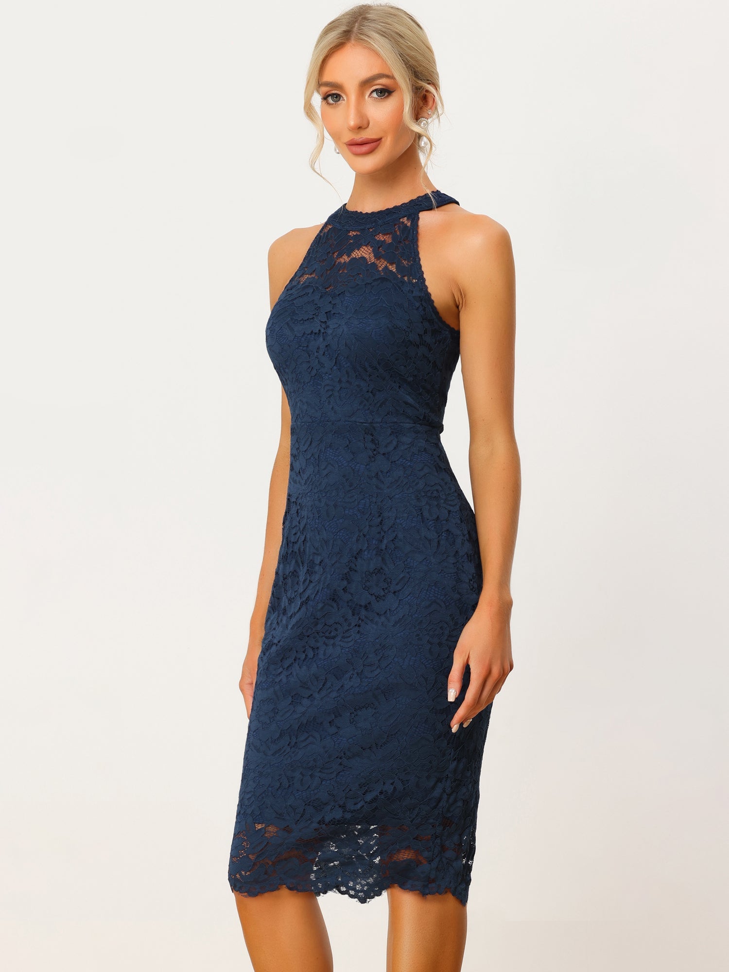 Lace Halter Elegant Sleeveless Bodycon Wedding Cocktail Sheath Dress