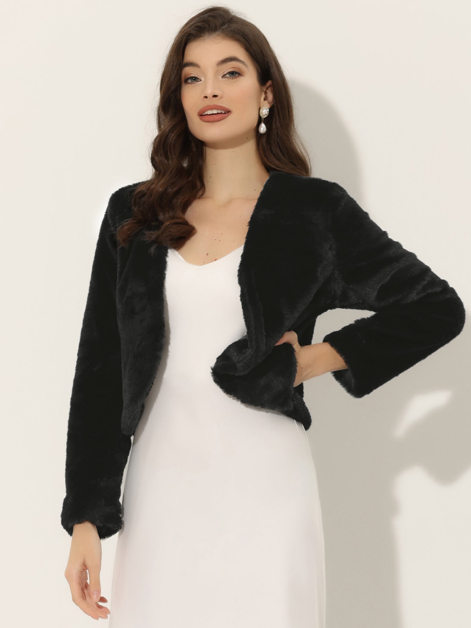 Faux Fur Long Sleeve Open Front Bolero Winter Coat Cropped Jacket