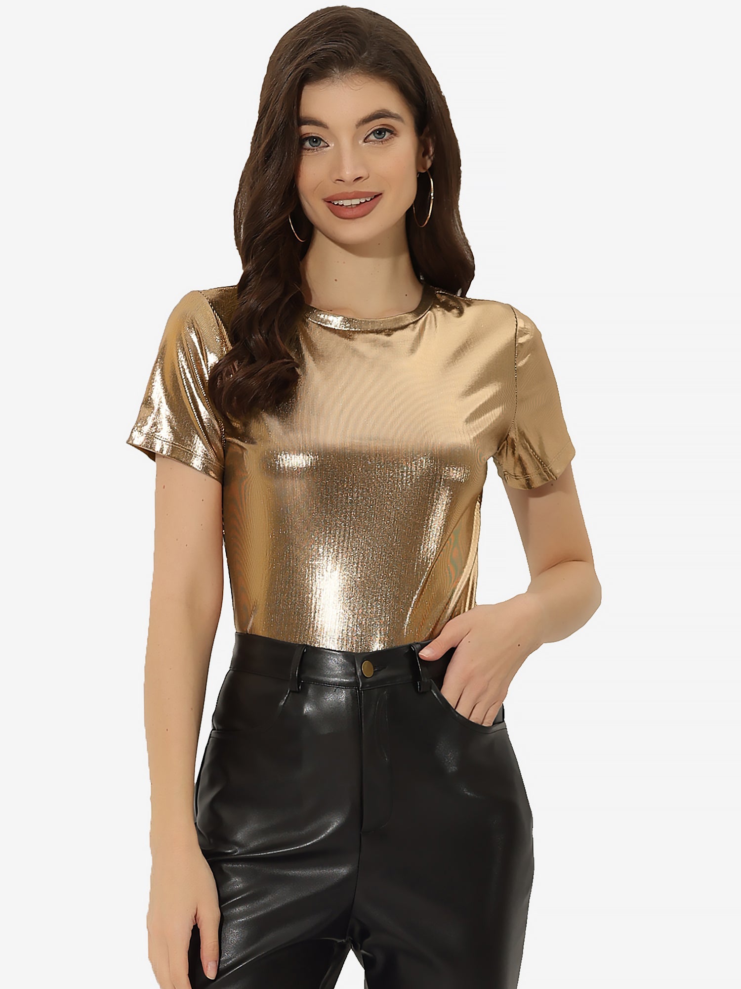 Party Metallic Textured Short Sleeve Shiny Multicolor Top
