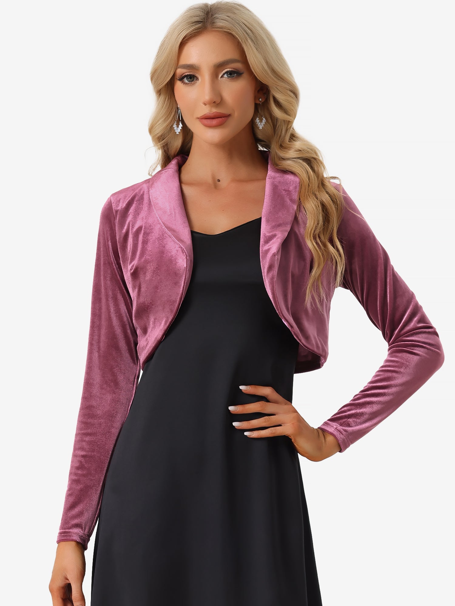 Long Sleeve Lapel Collar Velvet Open Front Cropped Bolero Shrugs