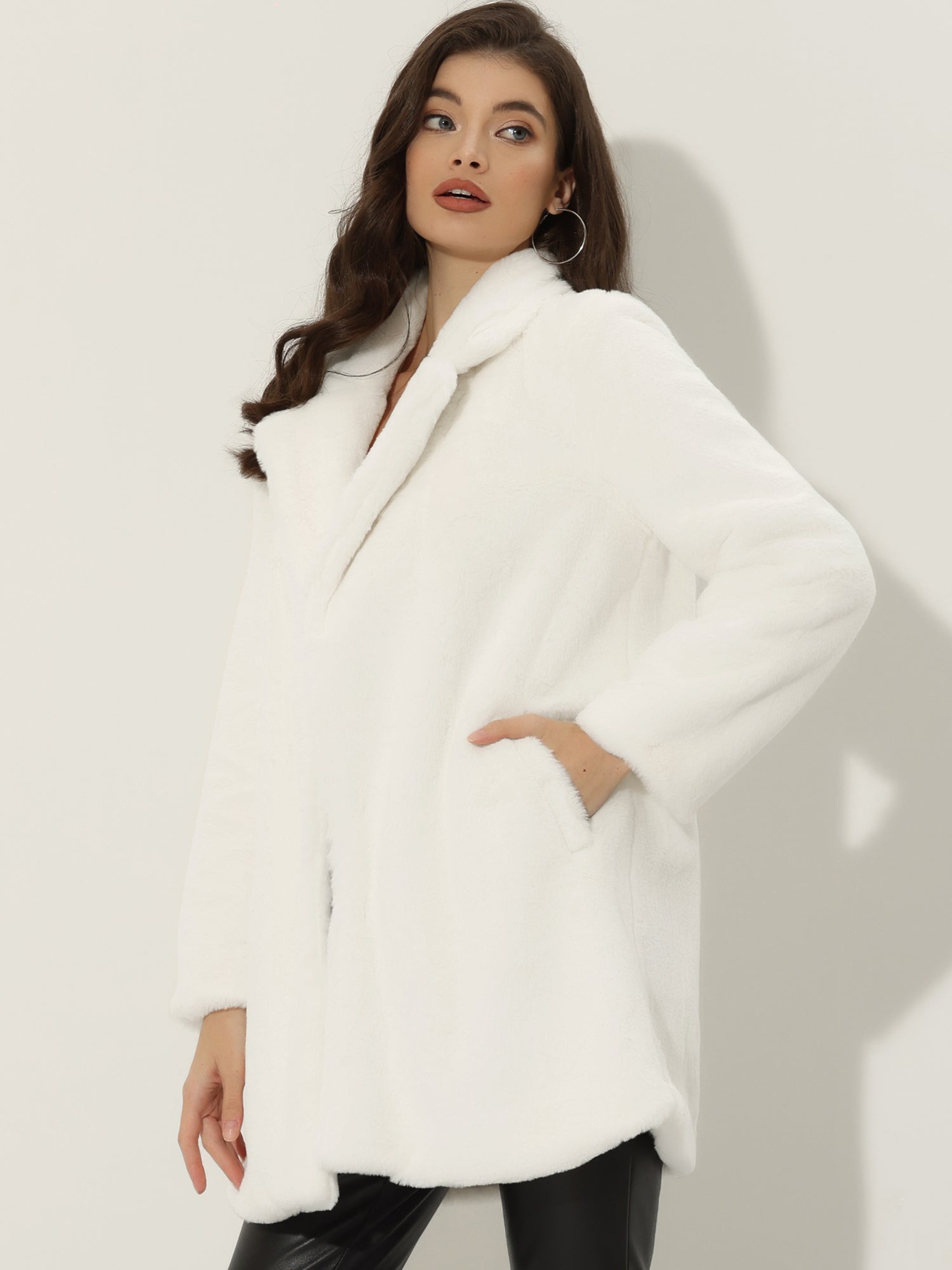 Lapel Collar Faux Fur Fuzzy Winter Warm Pockets Coat