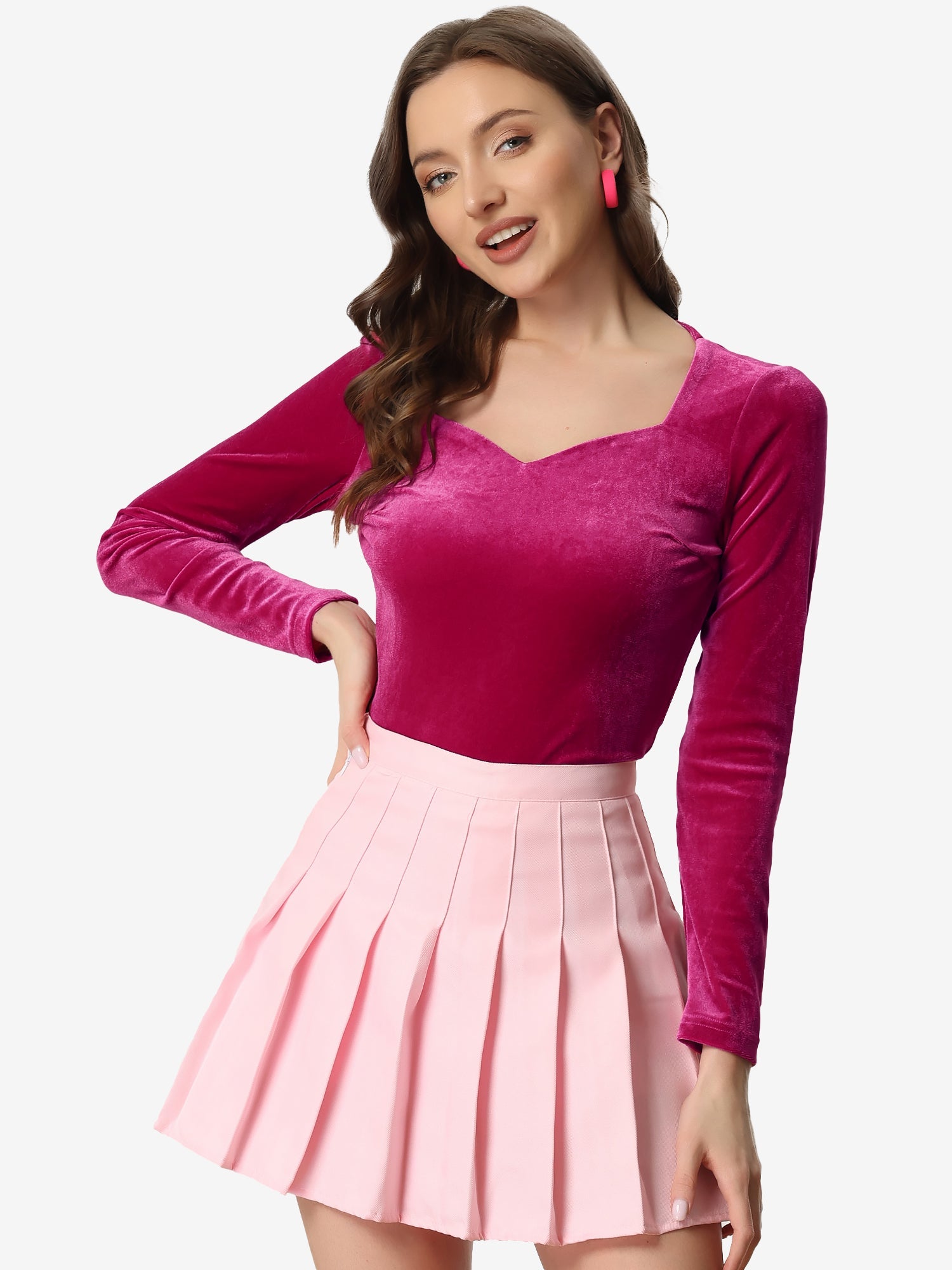 Casual Velvet Long Sleeve Solid Color Sweetheart Neck Blouse