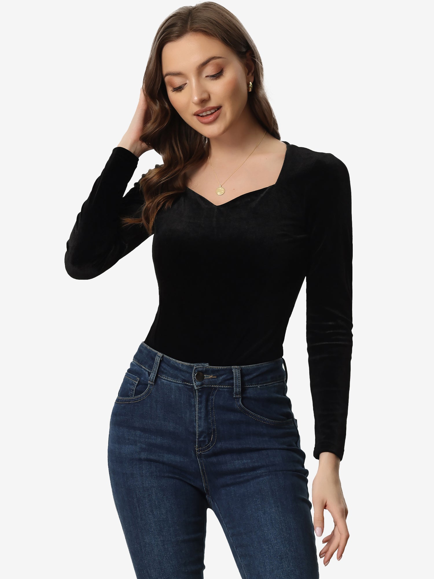 Casual Velvet Long Sleeve Solid Color Sweetheart Neck Blouse