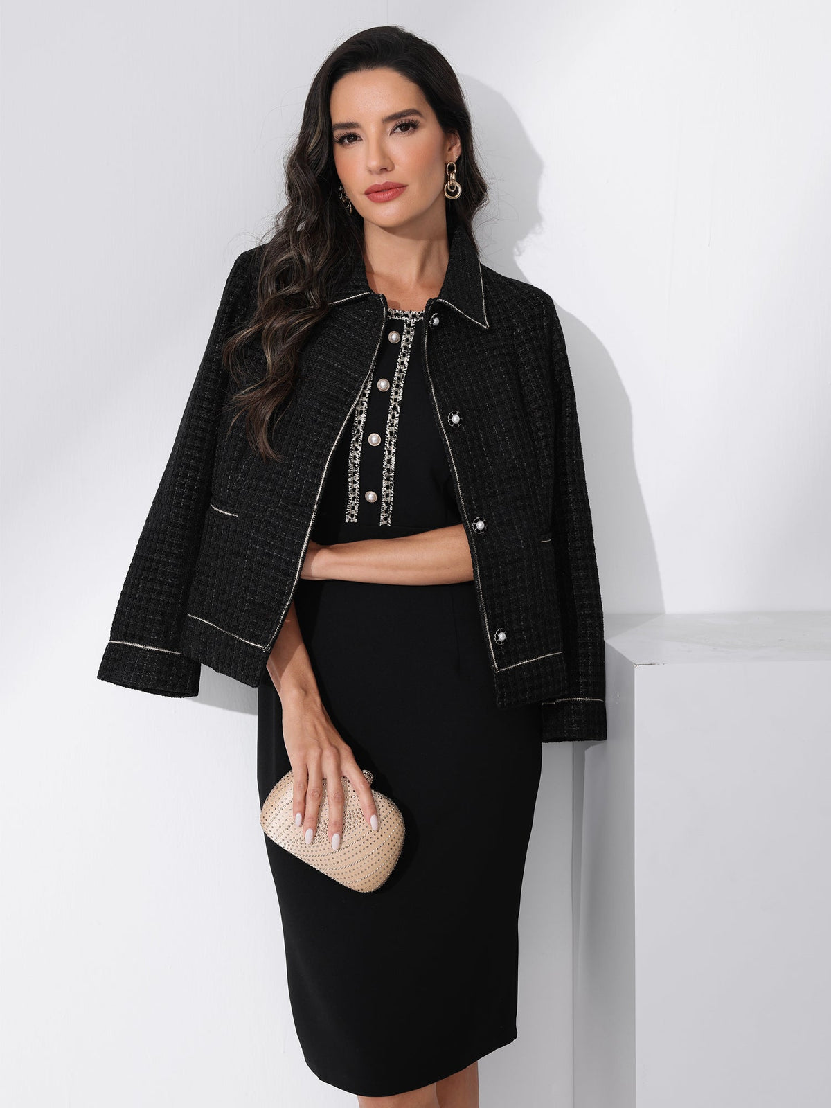 Collared Long Sleeve Contrast Trim Button Down Work Short Jacket
