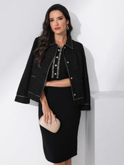 Collared Long Sleeve Contrast Trim Button Down Work Short Jacket