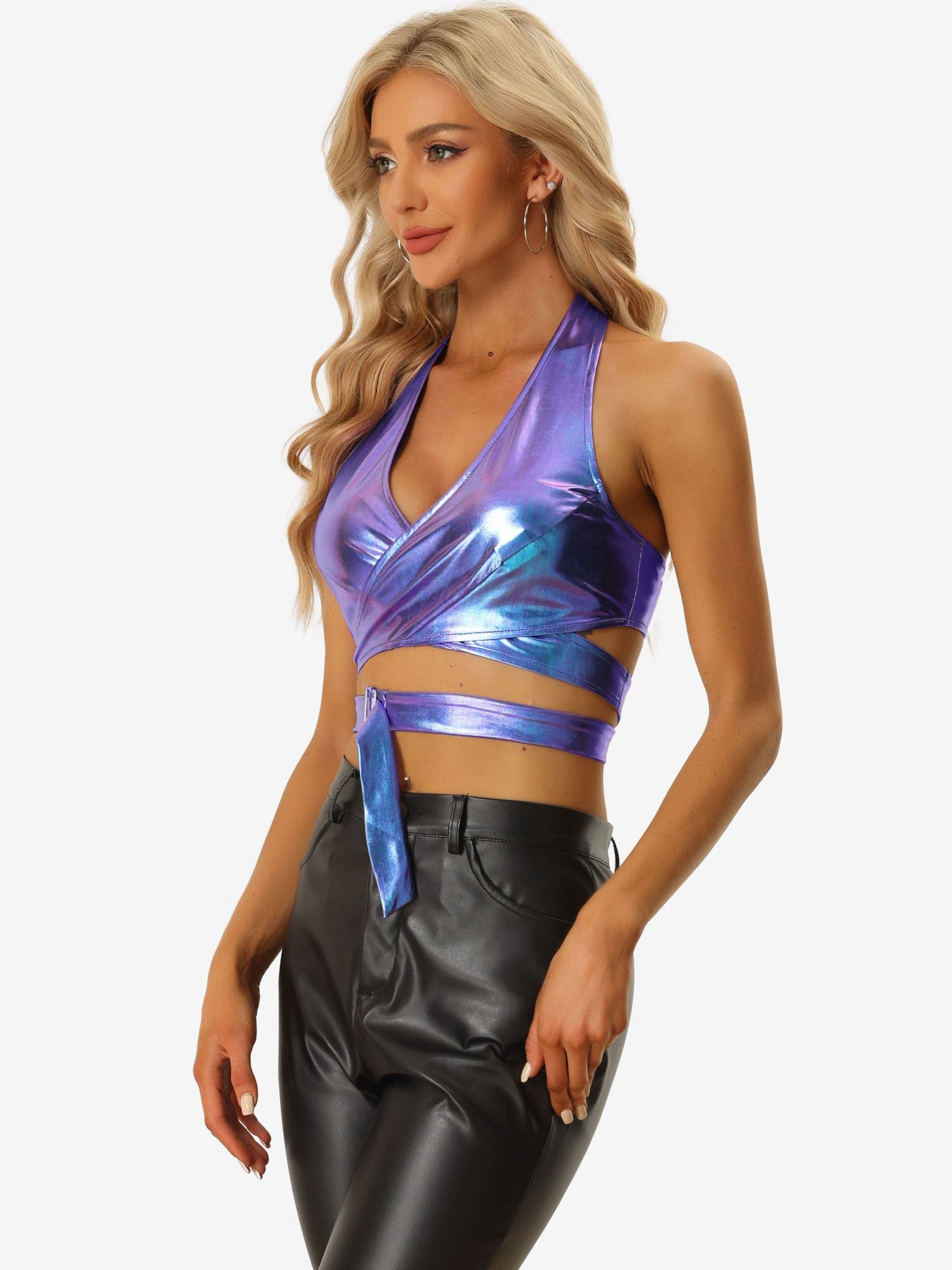 Metallic Halter Neck Deep V Neck Backless Holographic Crop Top