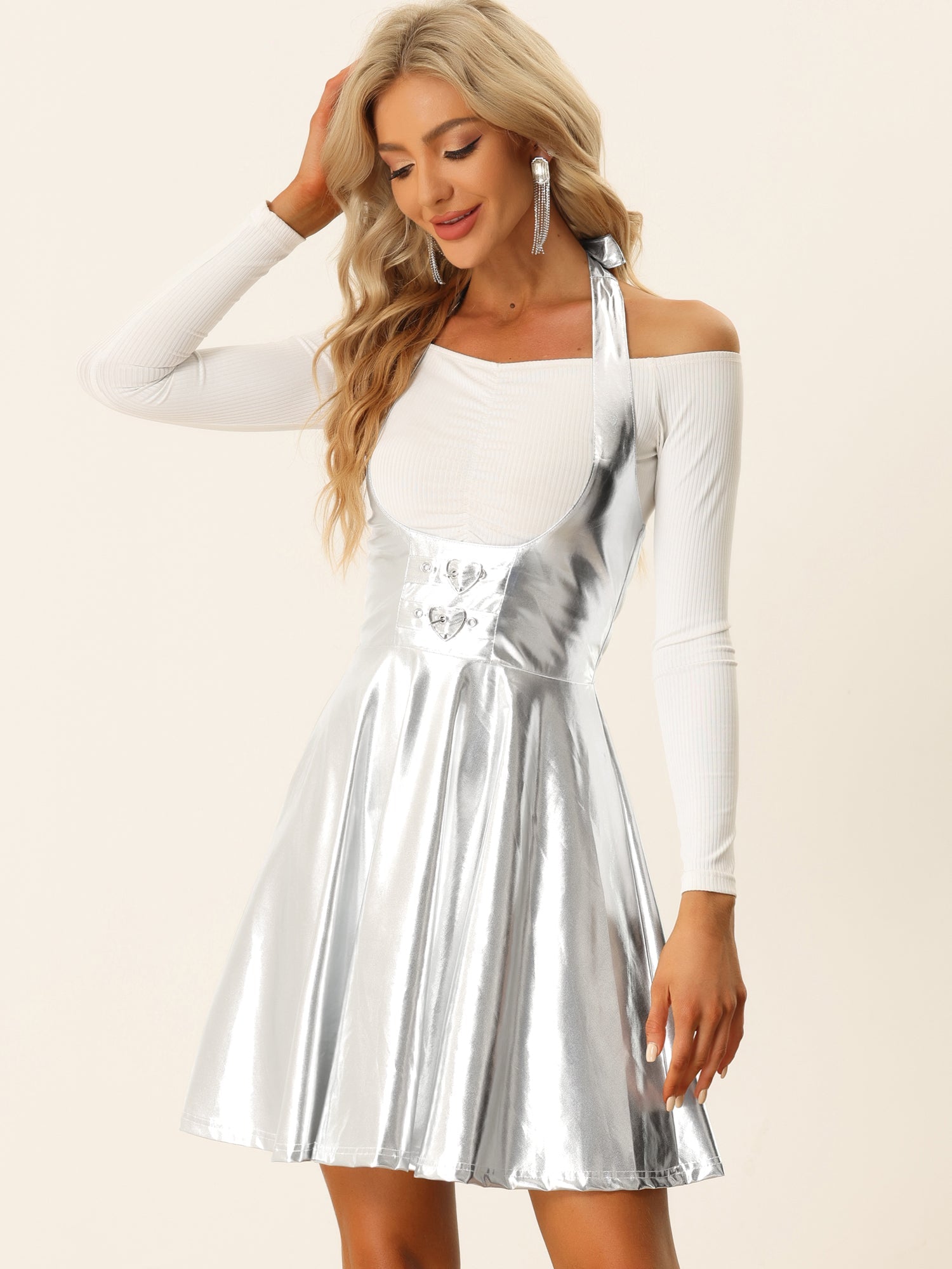 Metallic Overalls High Waist Party A-Line Suspender Skirt