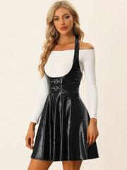 Metallic Overalls High Waist Party A-Line Suspender Skirt