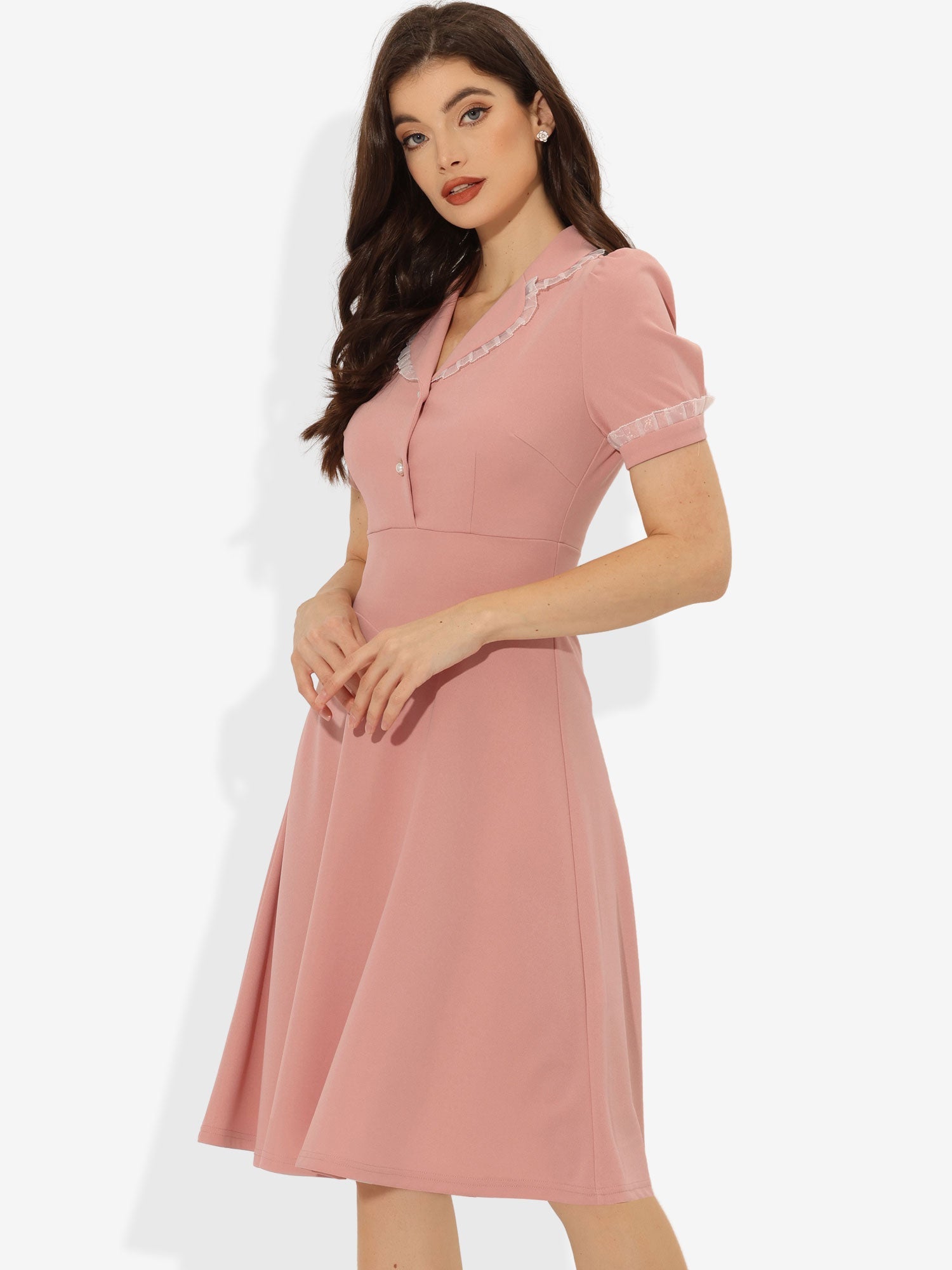 Work Lace Notched Collar Vintage 1950s Short Sleeve Midi Shirt Dress
