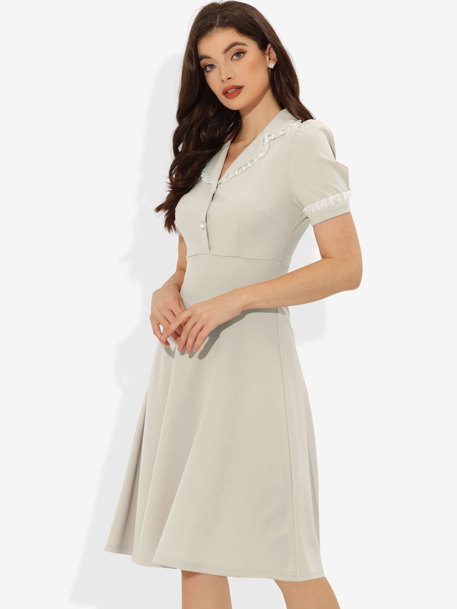 Work Lace Notched Collar Vintage 1950s Short Sleeve Midi Shirt Dress