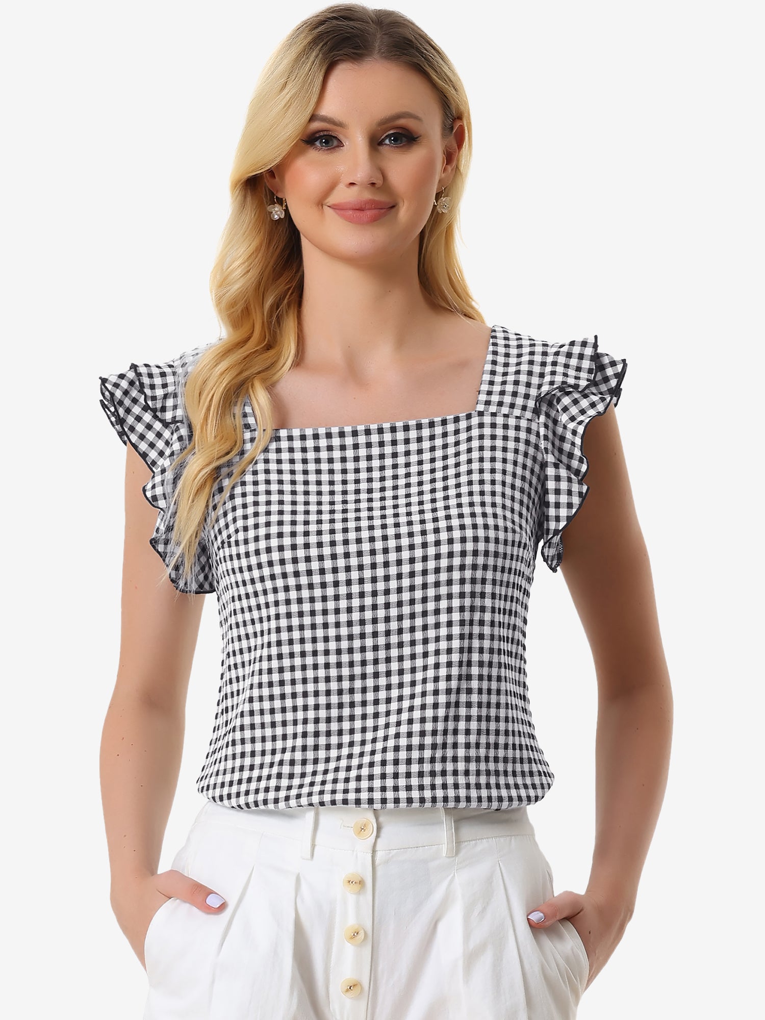 Summer Gingham Tops Square Neck Ruffle Cap Sleeve Blouse