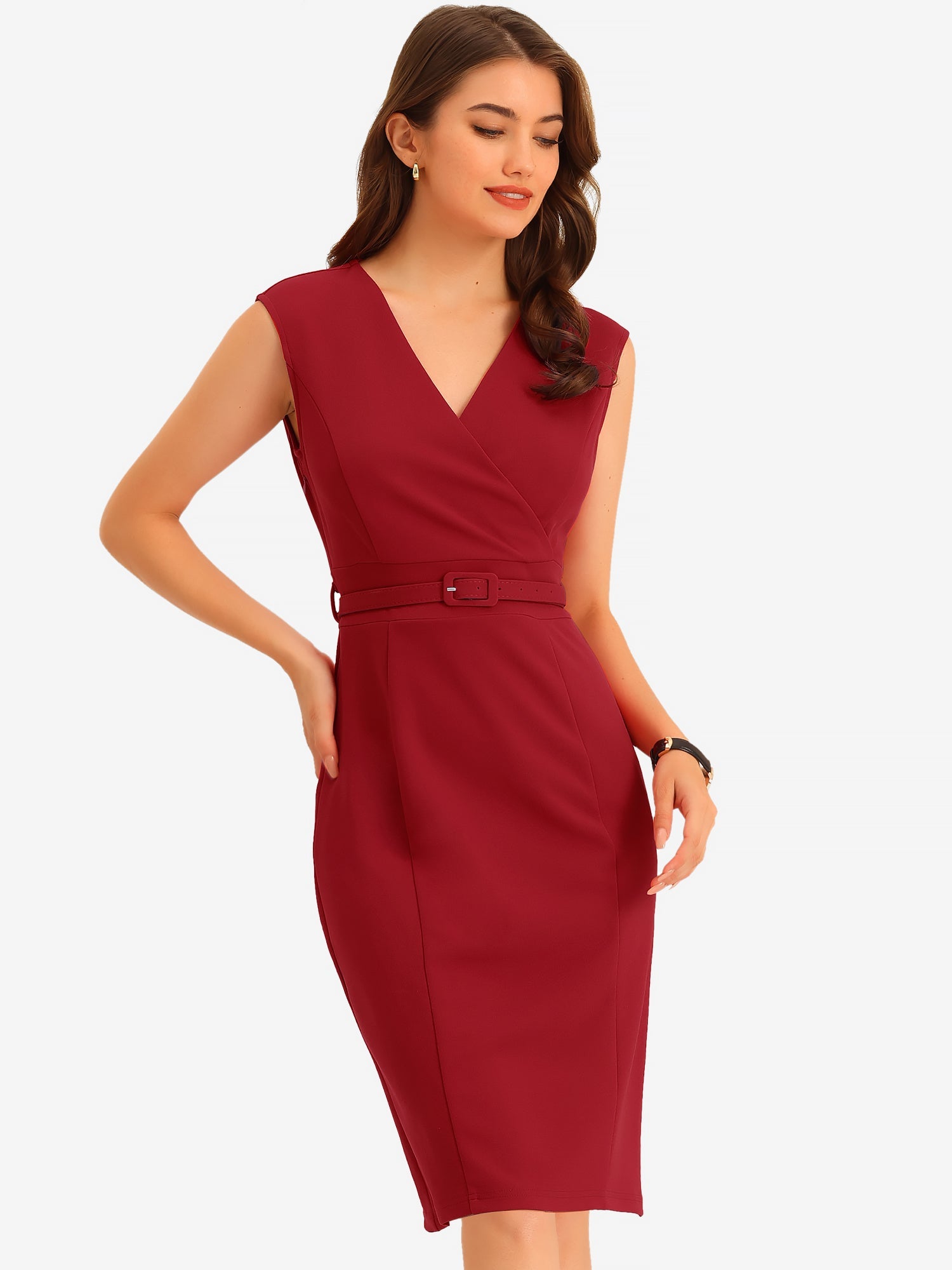 Solid Color V Neck Sleeveless Belted Business Office Midi Sheath Dress