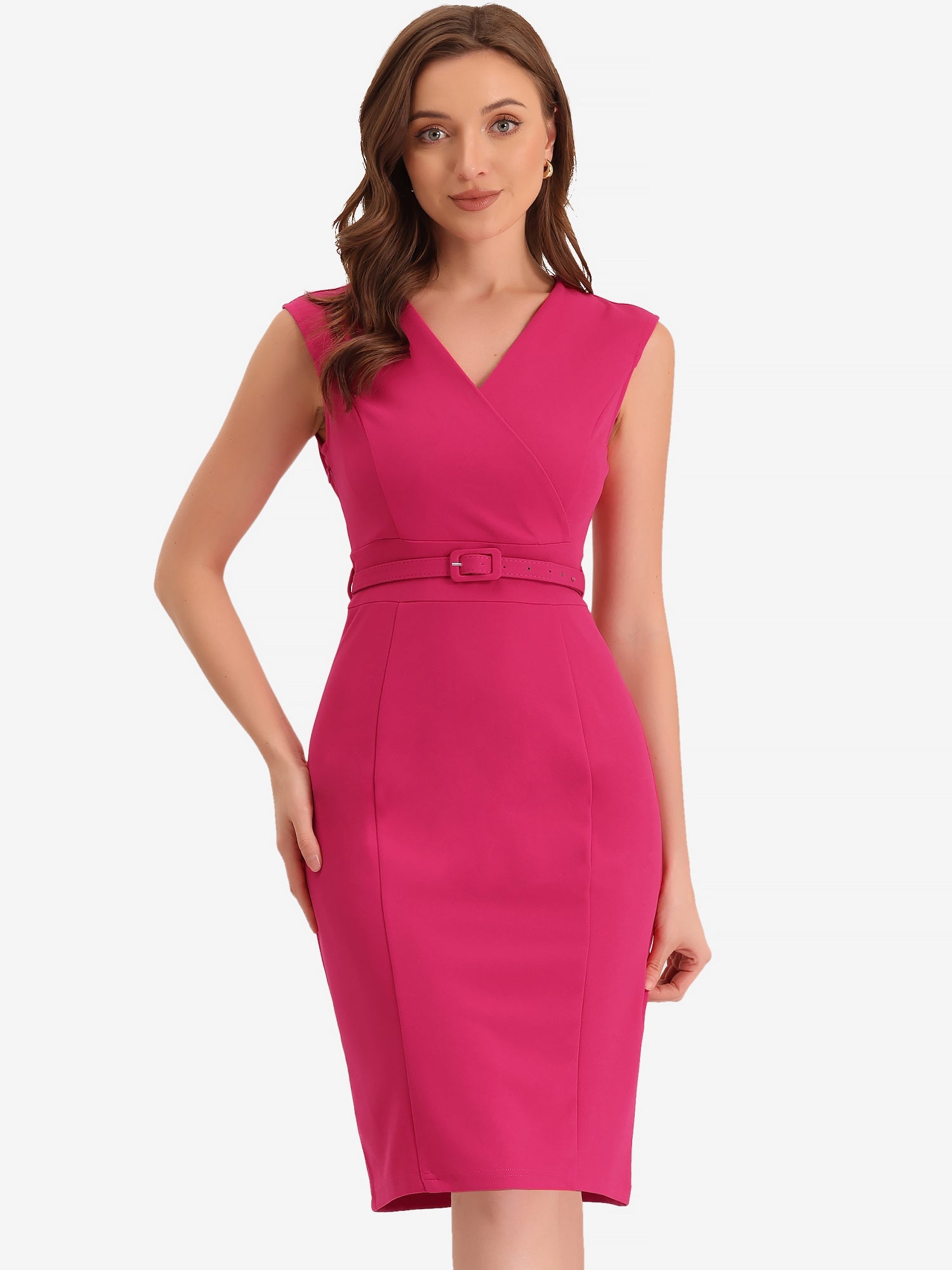 Solid Color V Neck Sleeveless Belted Business Office Midi Sheath Dress