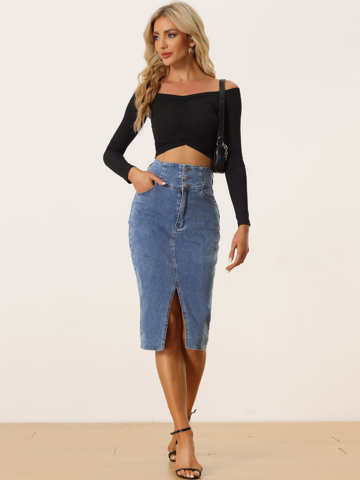 Casual Denim High Waist Split Hem Pencil Jean Midi Skirt