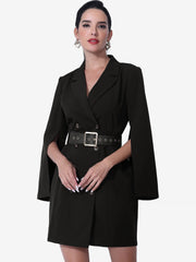 Elegant Slit Sleeve Belted Double Breasted Work Office Blazer Dress