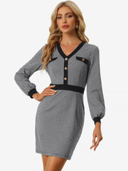 Houndstooth V Neck Long Sleeve Elegant Sheath Dresses