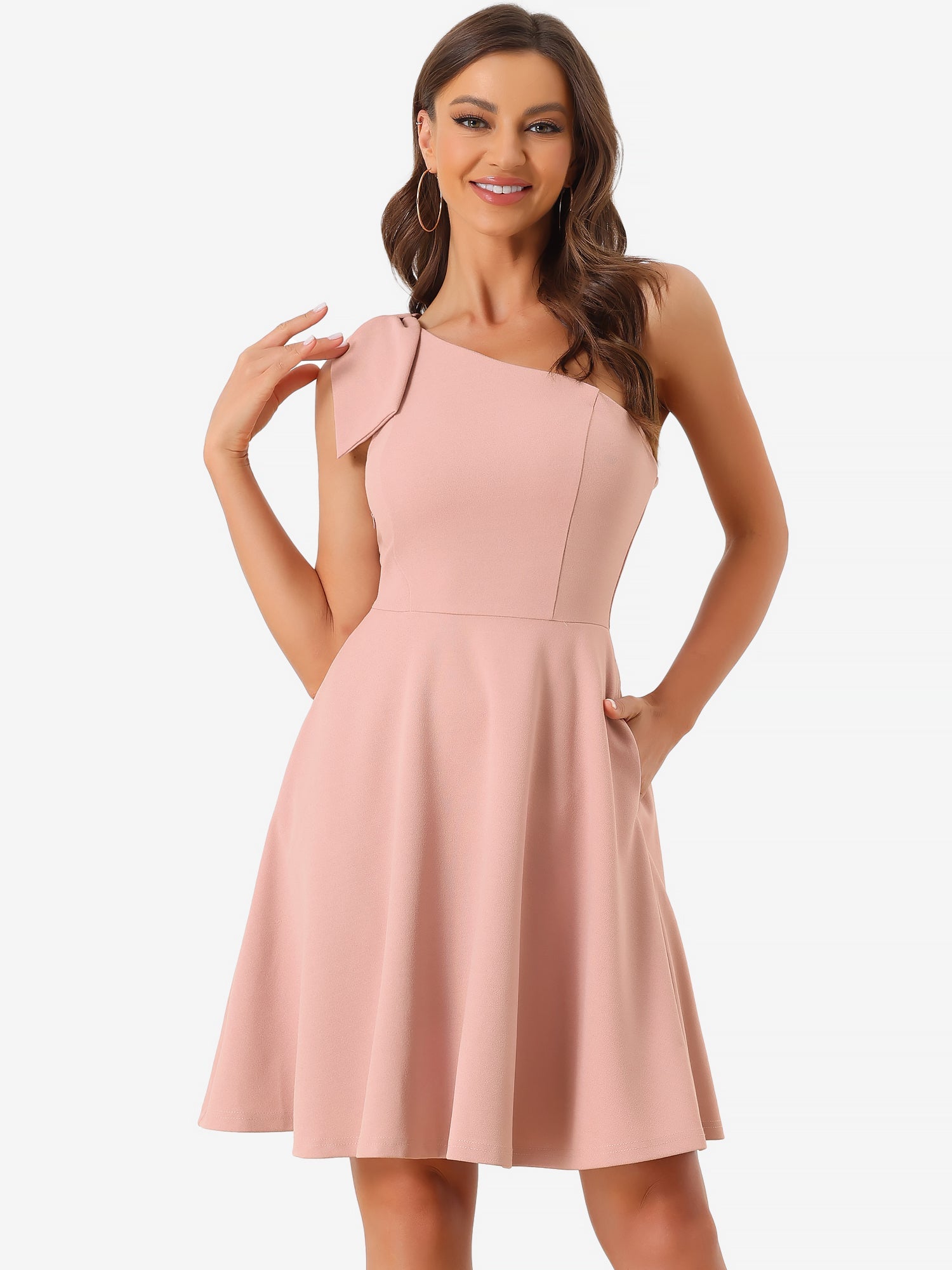 Bow One Shoulder Sleeveless Pockets A-Line Midi Dress