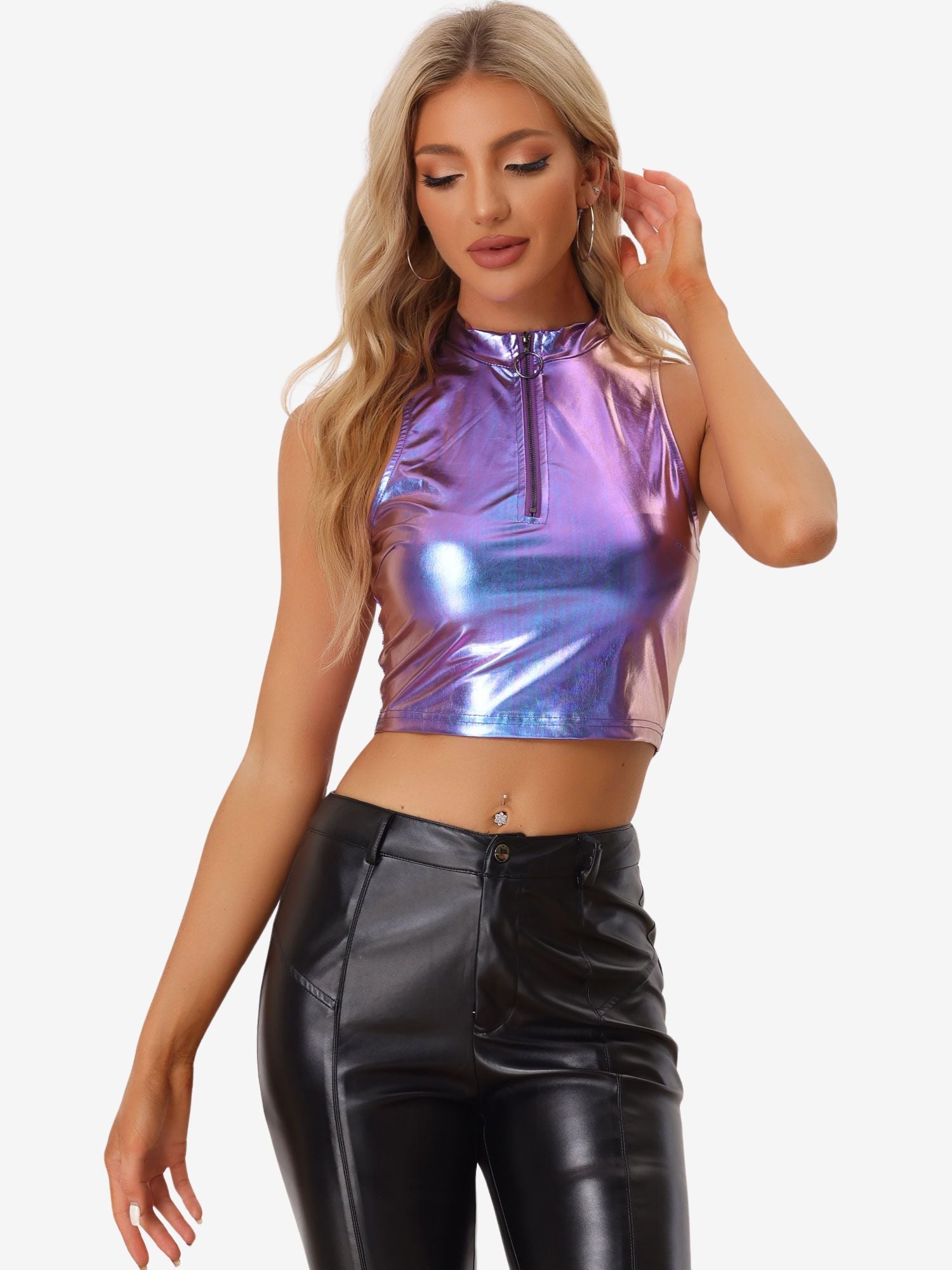 Metallic Crop Tops Mock Neck Zip Up Shiny Holographic Tank Top