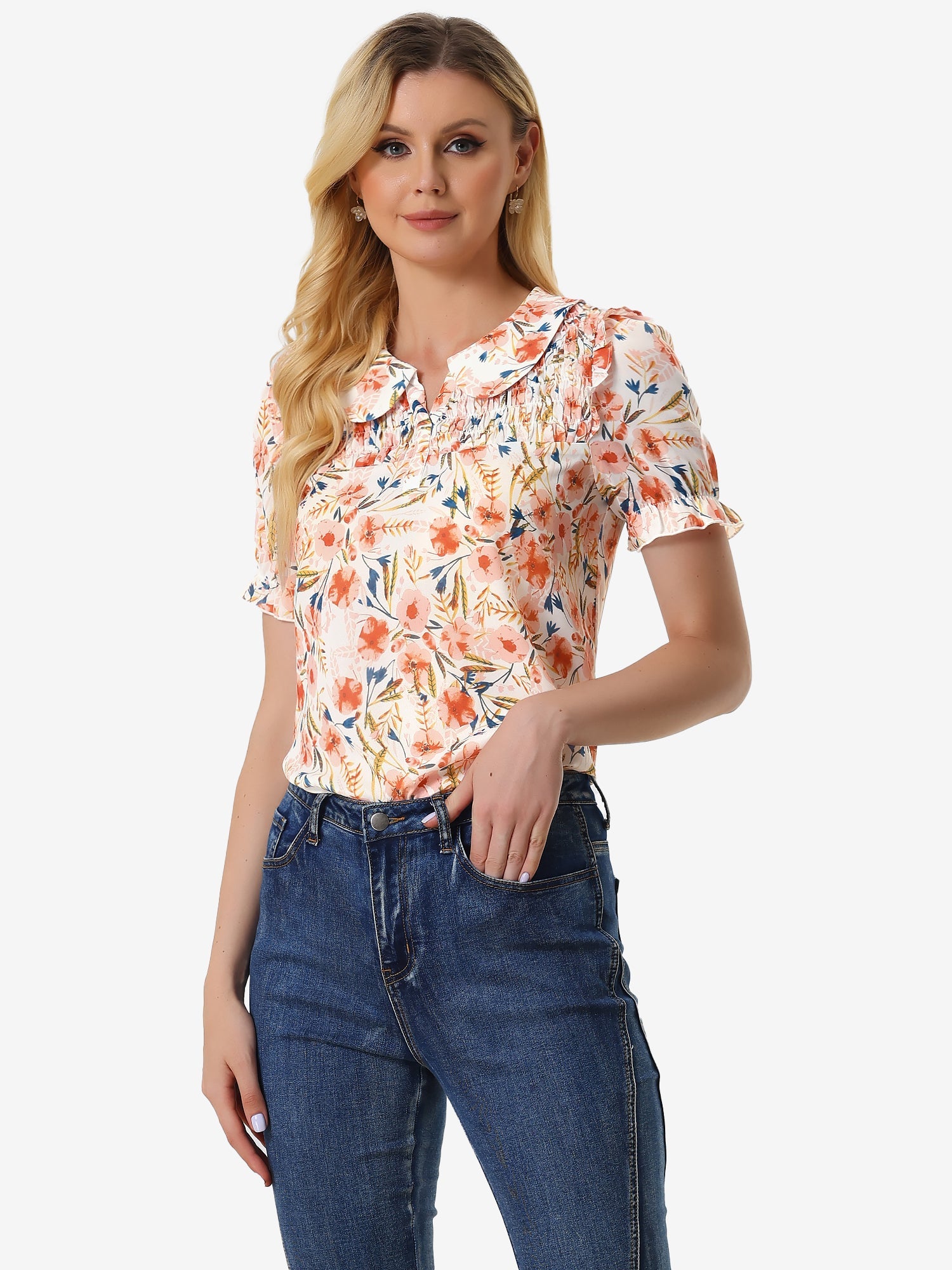 Peter Pan Collar Puff Short Sleeve Ruffle Smocked Floral Blouse