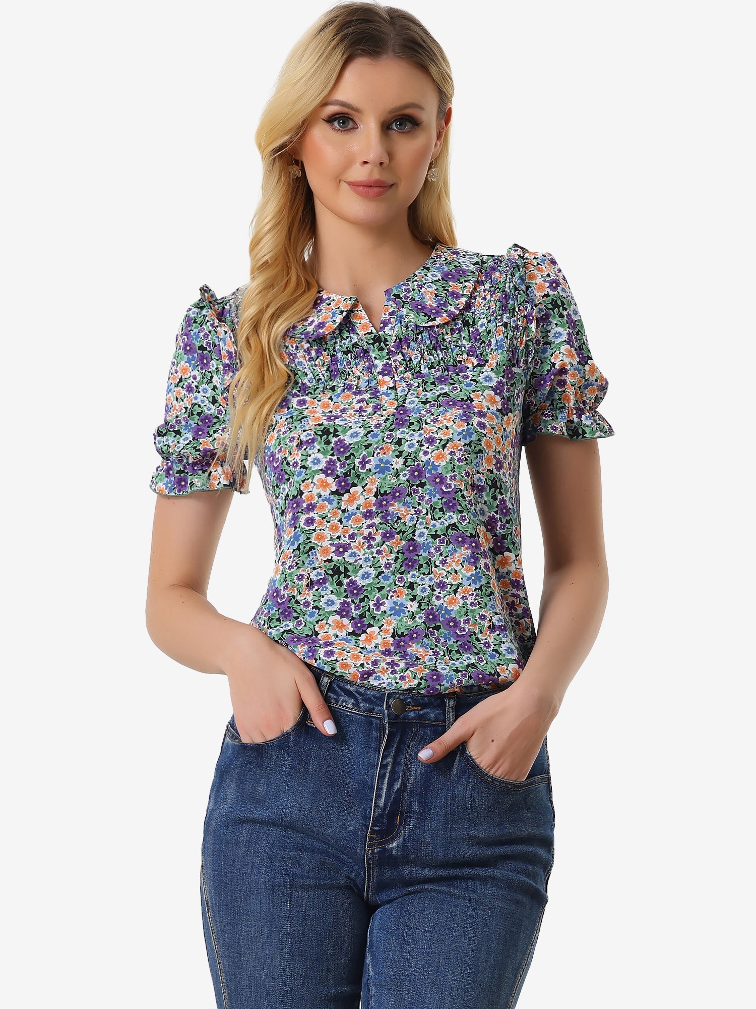 Peter Pan Collar Puff Short Sleeve Ruffle Smocked Floral Blouse