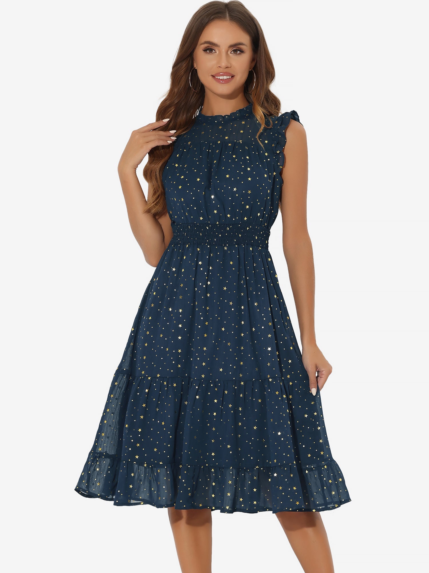 Chiffon Sleeveless Smocked Waist Gilding Metallic Stars Party Dress