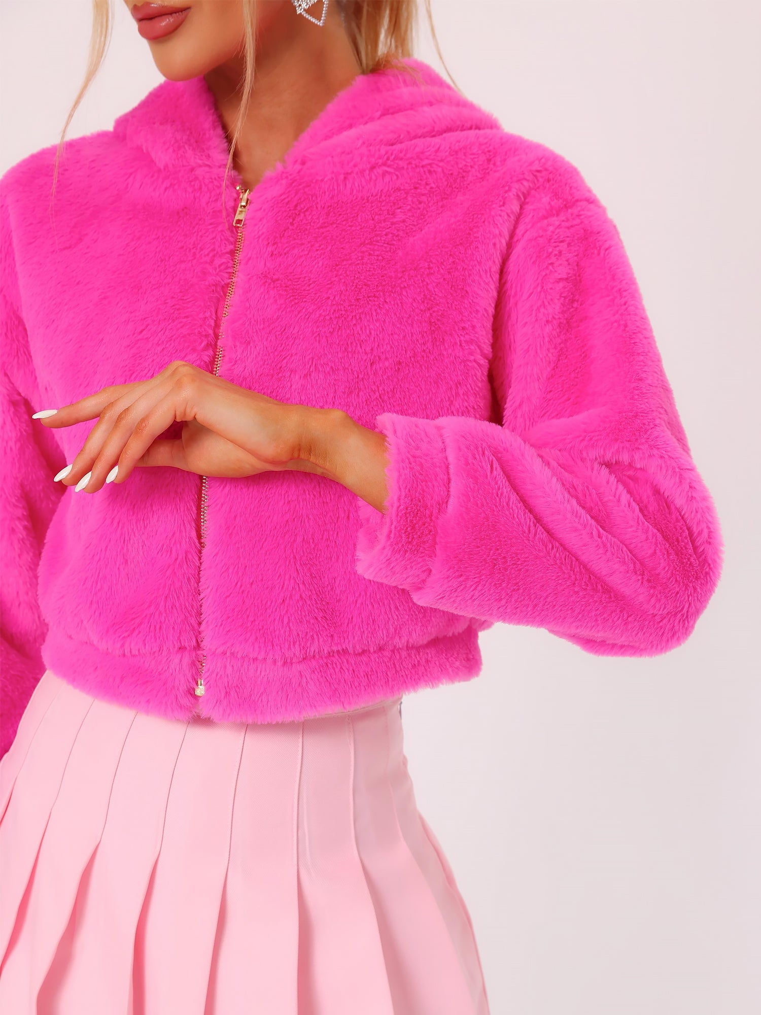 Casual Faux Fur Coat Zip Up Hooded Cropped Fuzzy Fleece Jacket