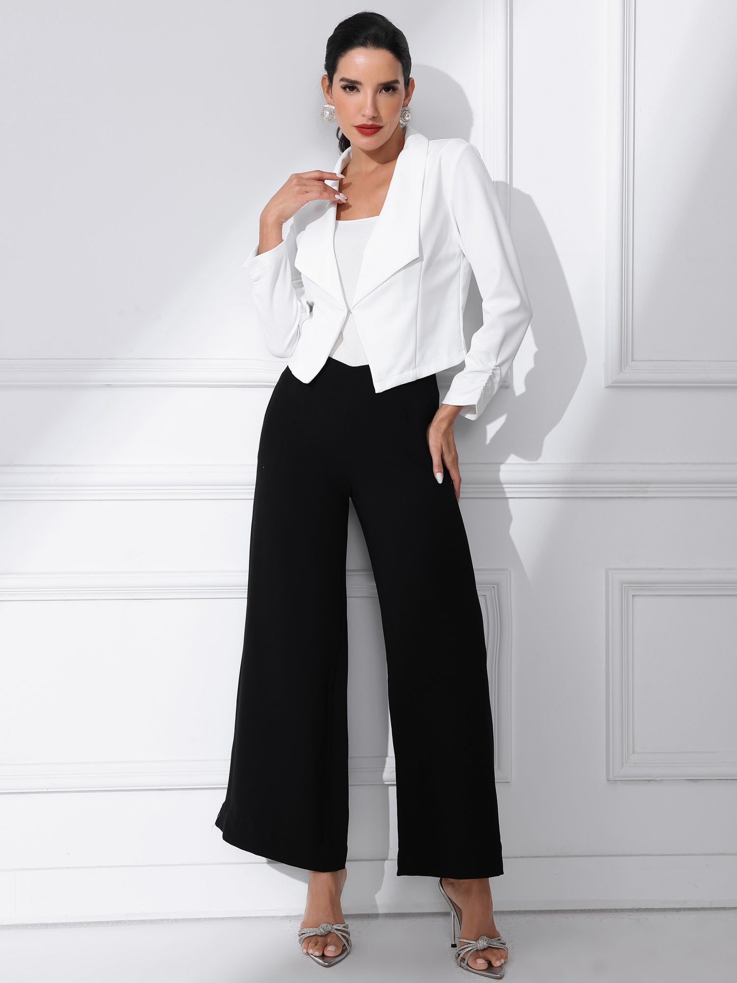 Notched Lapel Ruched Sleeve Business Cropped Jacket Blazer