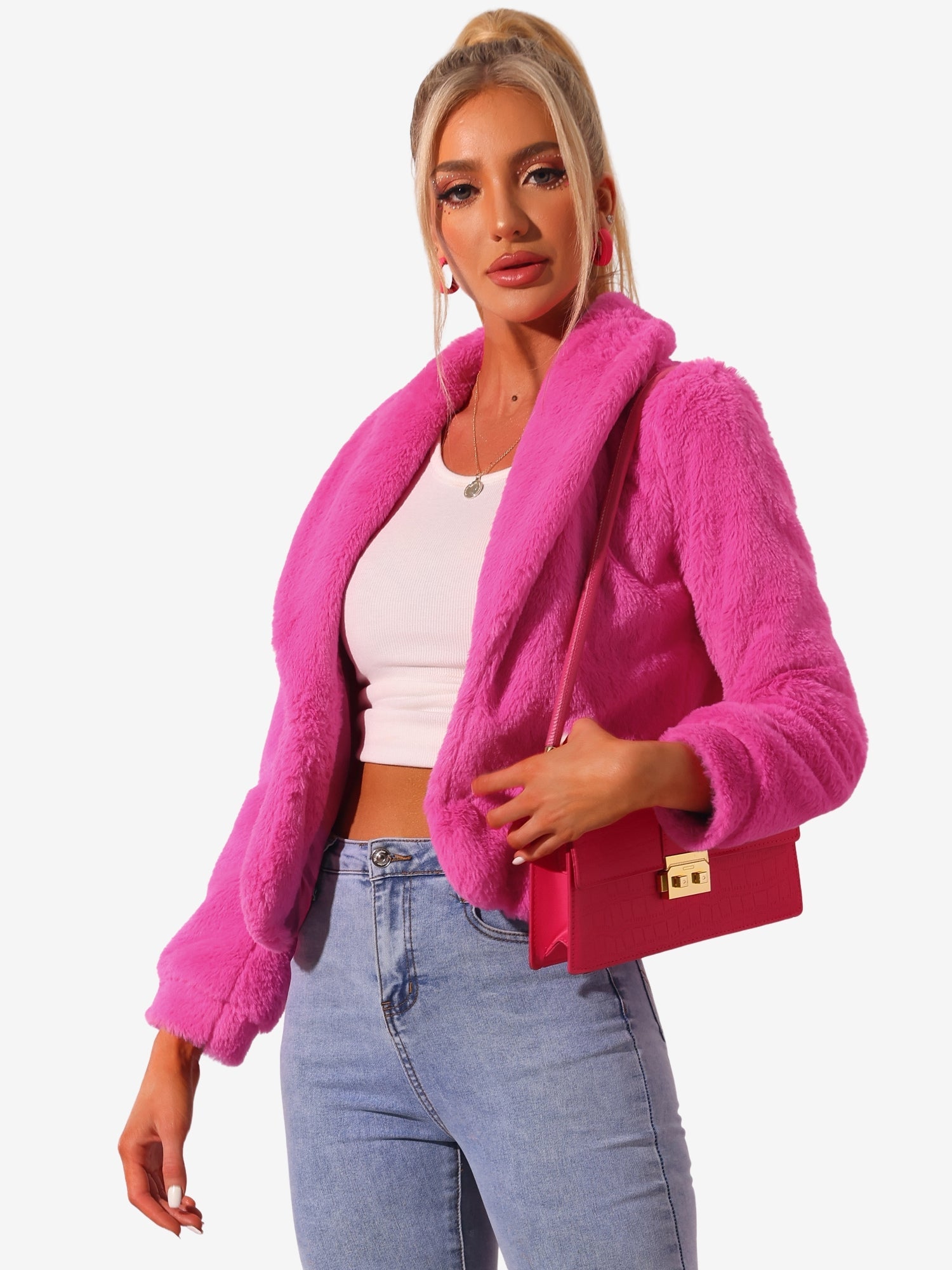 Winter Cropped Jacket Lapel Long Sleeve Faux Fur Fluffy Coat