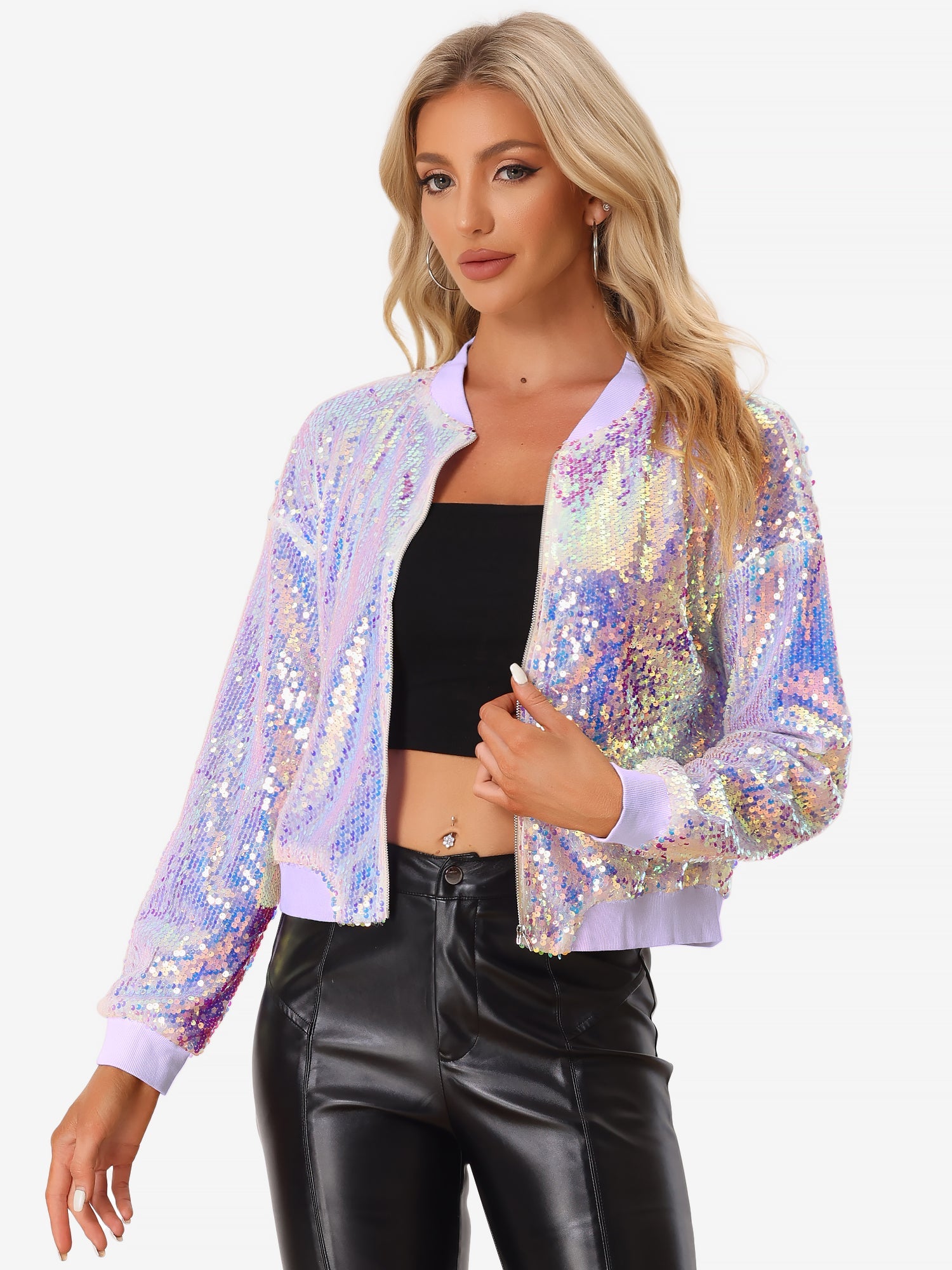 Sequin Sparkle Party Long Sleeve Zipper Bomber Jacket