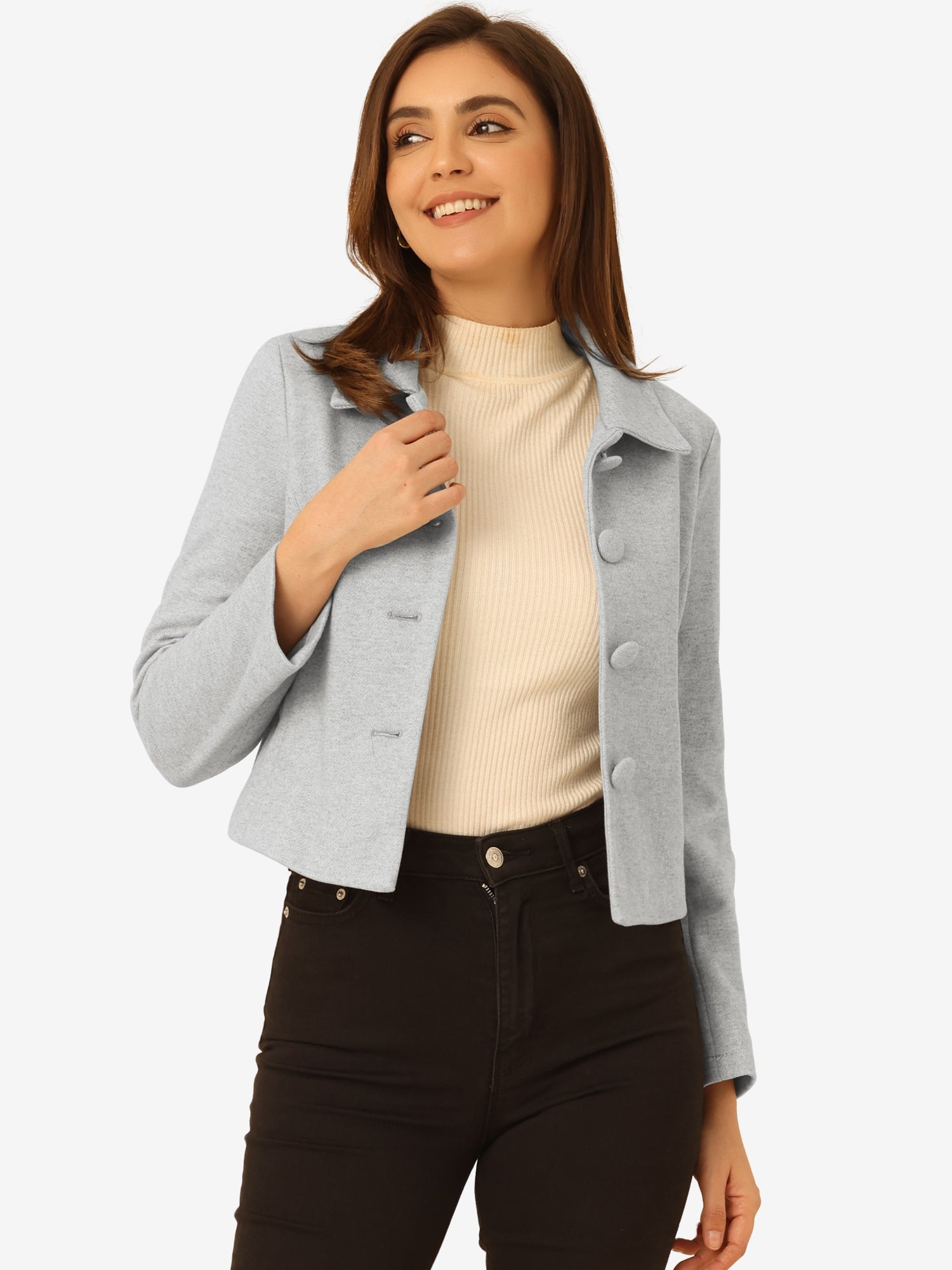 Pointed Collar Single Breasted Slant Pocket Cropped Pea Coat