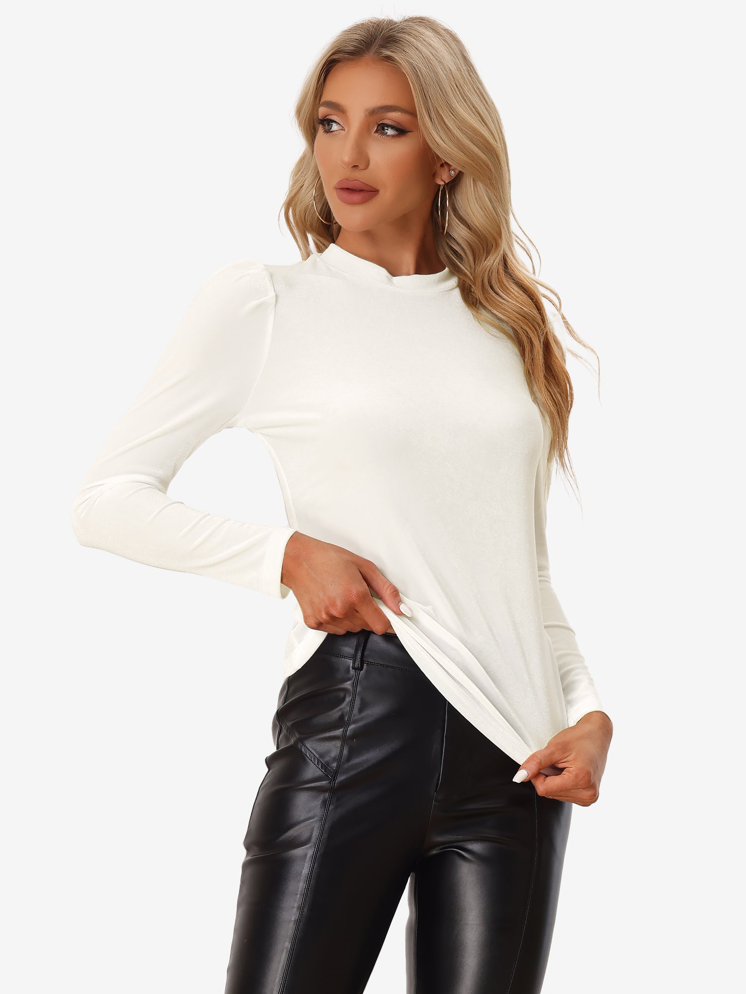 Metallic Velvet Puff Long Sleeve Mock Neck Glitter T-shirt